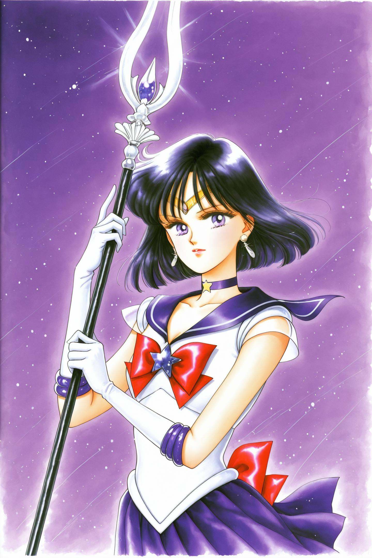 tomoe hotaru,1girl,solo,sailor senshi uniform,sailor saturn,purple sailor collar,skirt,jewelry,polearm,magical girl,purple skirt,gloves,brooch,bow,star choker,holding polearm,star brooch,spear,choker,black hair,purple eyes,sailor collar,elbow gloves,short hair,white gloves,star (symbol),pleated skirt,back bow,purple background,tiara,earrings,red bow,upper body,traditional media,1990s \(style\),<lora:Takeuchi Naoko_illustriousXL:1>,