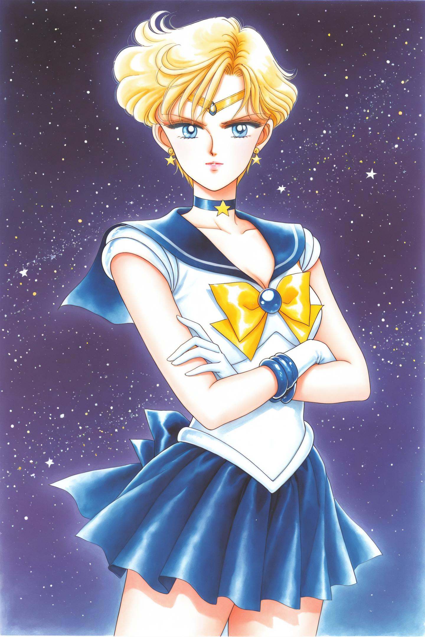 Sailor Uranus,1girl,solo,short hair,sailor senshi uniform,skirt,blonde hair,ten'ou haruka,crossed arms,1990s (style),bow,retro artstyle,magical girl,blue sailor collar,blue skirt,pleated skirt,sailor collar,standing,gloves,blue eyes,yellow bow,star (symbol),very short hair,choker,back bow,looking at viewer,blue choker,miniskirt,starry background,traditional media,<lora:Takeuchi Naoko_illustriousXL:1>,
