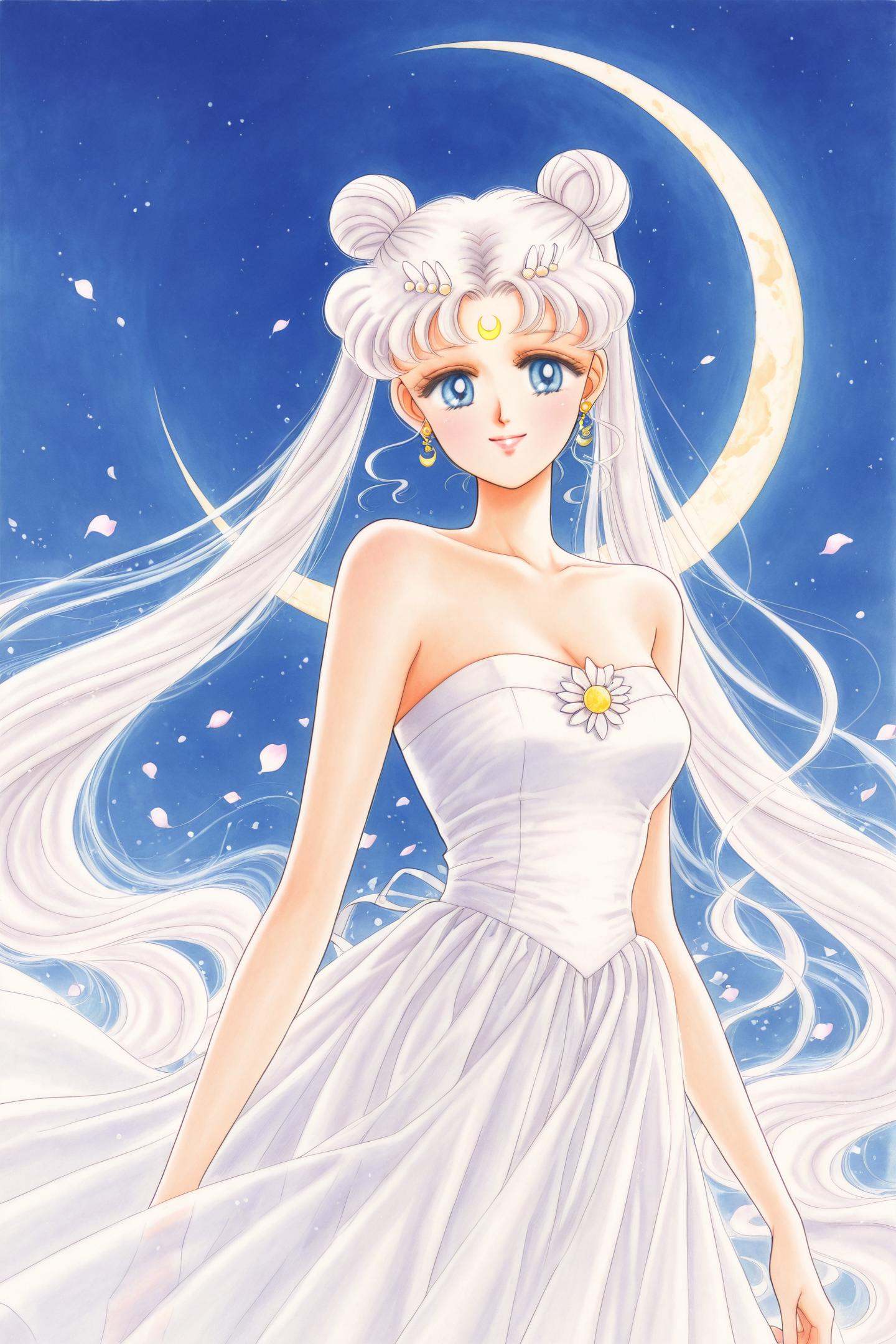 1girl,solo,long hair,facial mark,white hair,crescent facial mark,twintails,double bun,crescent,hair bun,tsukino usagi,blue eyes,forehead mark,dress,hair ornament,white dress,jewelry,bare shoulders,crescent moon,moon,strapless dress,earrings,strapless,neck,white theme,hairpin,smile,petals,traditional media,blue background,<lora:Takeuchi Naoko_illustriousXL:1>,