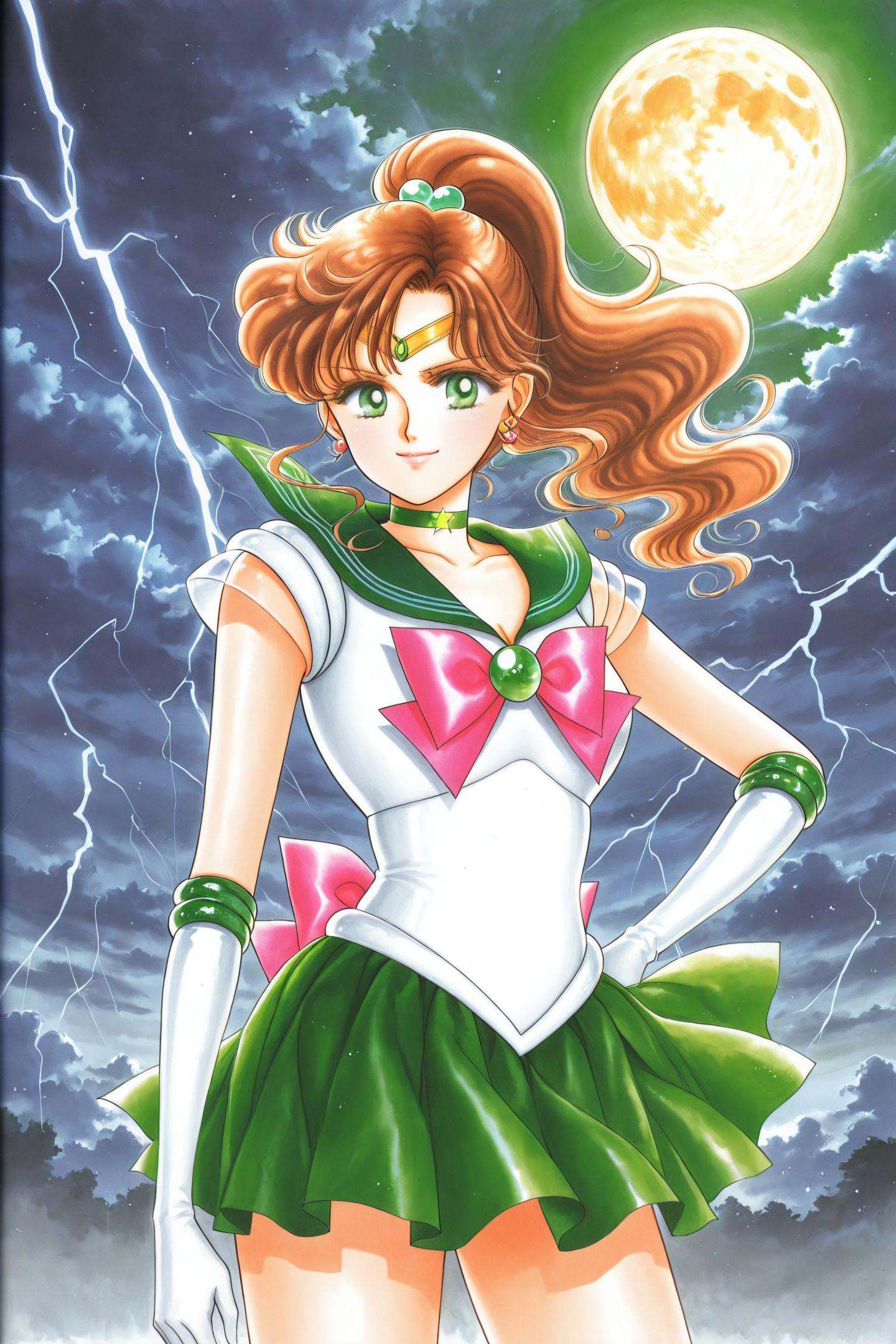 1girl,sailor senshi uniform,sailor jupiter,green sailor collar,skirt,magical girl,kino makoto,choker,green skirt,sailor collar,brown hair,tiara,jewelry,hair ornament,pleated skirt,earrings,pink bow,gloves,ponytail,elbow gloves,brooch,back bow,hand on own hip,long hair,looking at viewer,standing,smile,green eyes,full moon,green choker,day,cloud,lightning,traditional media,<lora:Takeuchi Naoko_illustriousXL:1>,