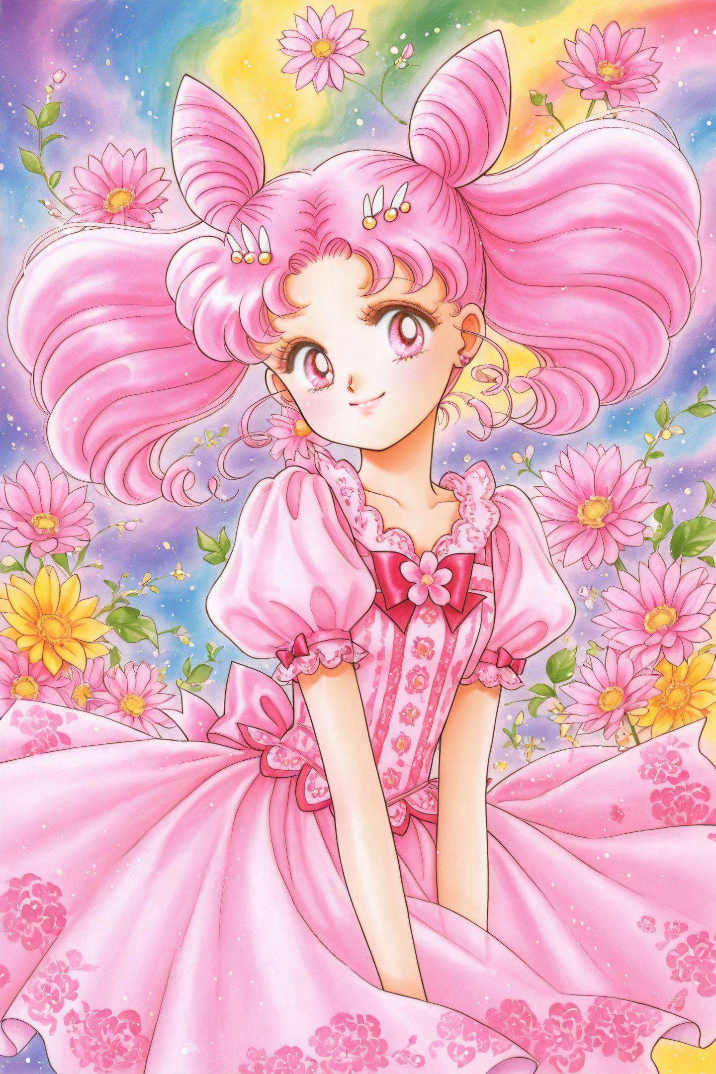 1girl,solo,chibi usa,double bun,hair bun,flower,smile,pink hair,twintails,cone hair bun,short sleeves,puffy sleeves,traditional media,puffy short sleeves,looking at viewer,bangs,colorful,multicolored background,pink eyes,parted bangs,<lora:Takeuchi Naoko_illustriousXL:1>,
