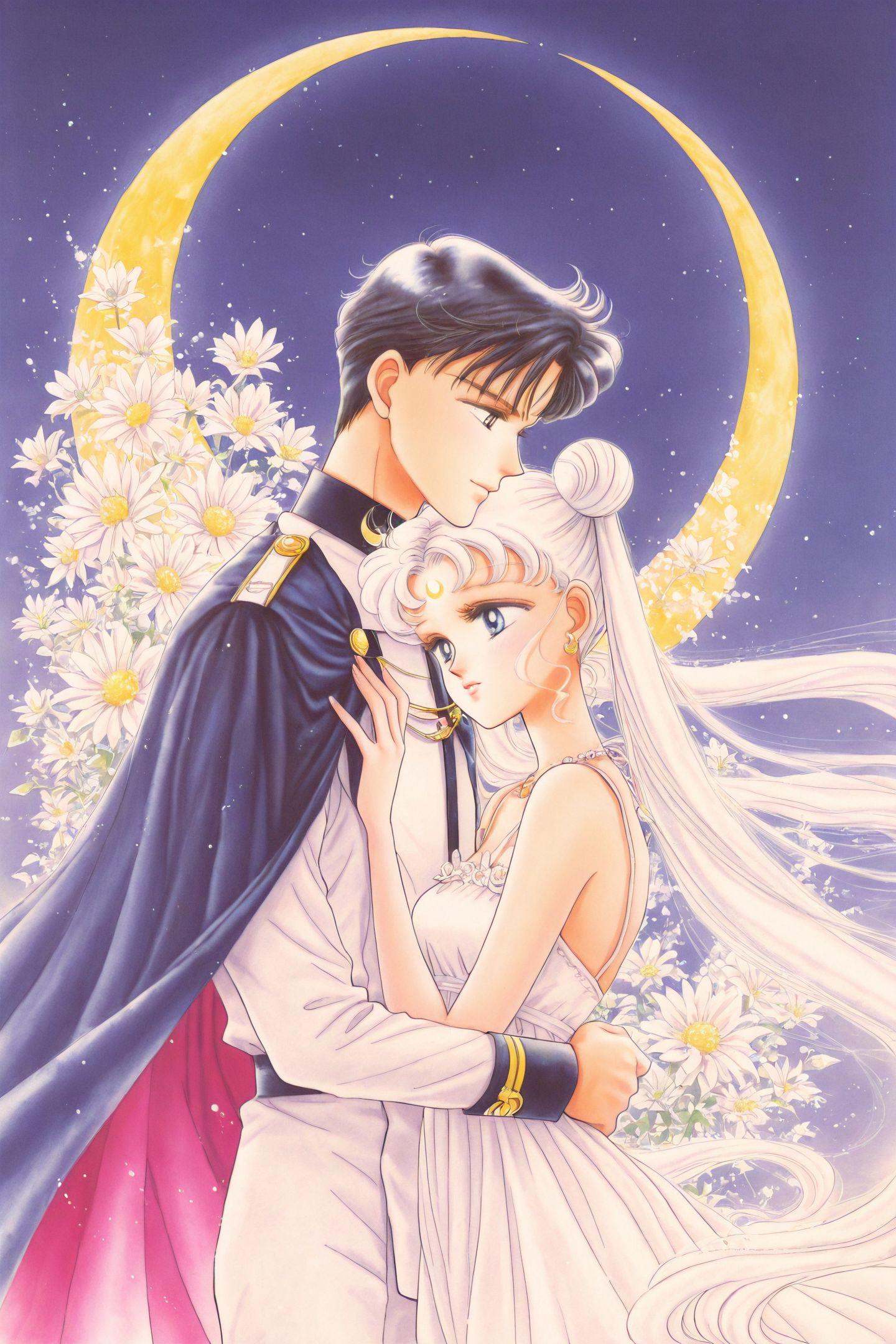 Chiba Mamoru,1girl,1boy,long hair,dress,cape,tsukino usagi,white hair,black hair,hair bun,very long hair,twintails,crescent,white dress,double bun,hetero,crescent facial mark,facial mark,couple,jewelry,flower,hug,uniform,traditional media,upper body,<lora:Takeuchi Naoko_illustriousXL:1>,