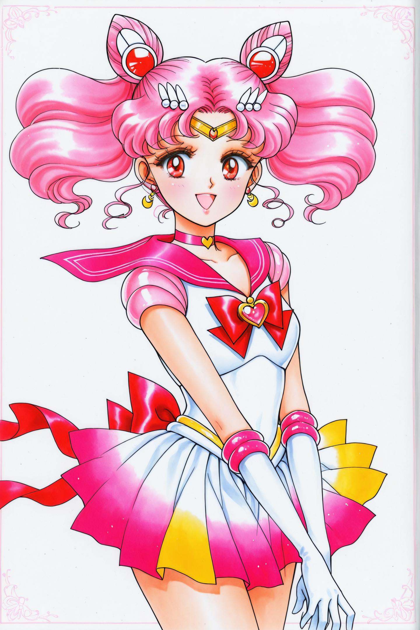 Sailor Chibi Chibi,1girl,solo,sailor senshi uniform,hair bun,brooch,magical girl,pink hair,skirt,jewelry,cone hair bun,heart brooch,double bun,sailor collar,back bow,multicolored skirt,bow,gloves,red eyes,twintails,smile,white gloves,elbow gloves,pink sailor collar,hair ornament,heart,white background,choker,hairpin,open mouth,short hair,red bow,pleated skirt,:d,tiara,crescent,traditional media,<lora:Takeuchi Naoko_illustriousXL:1>,