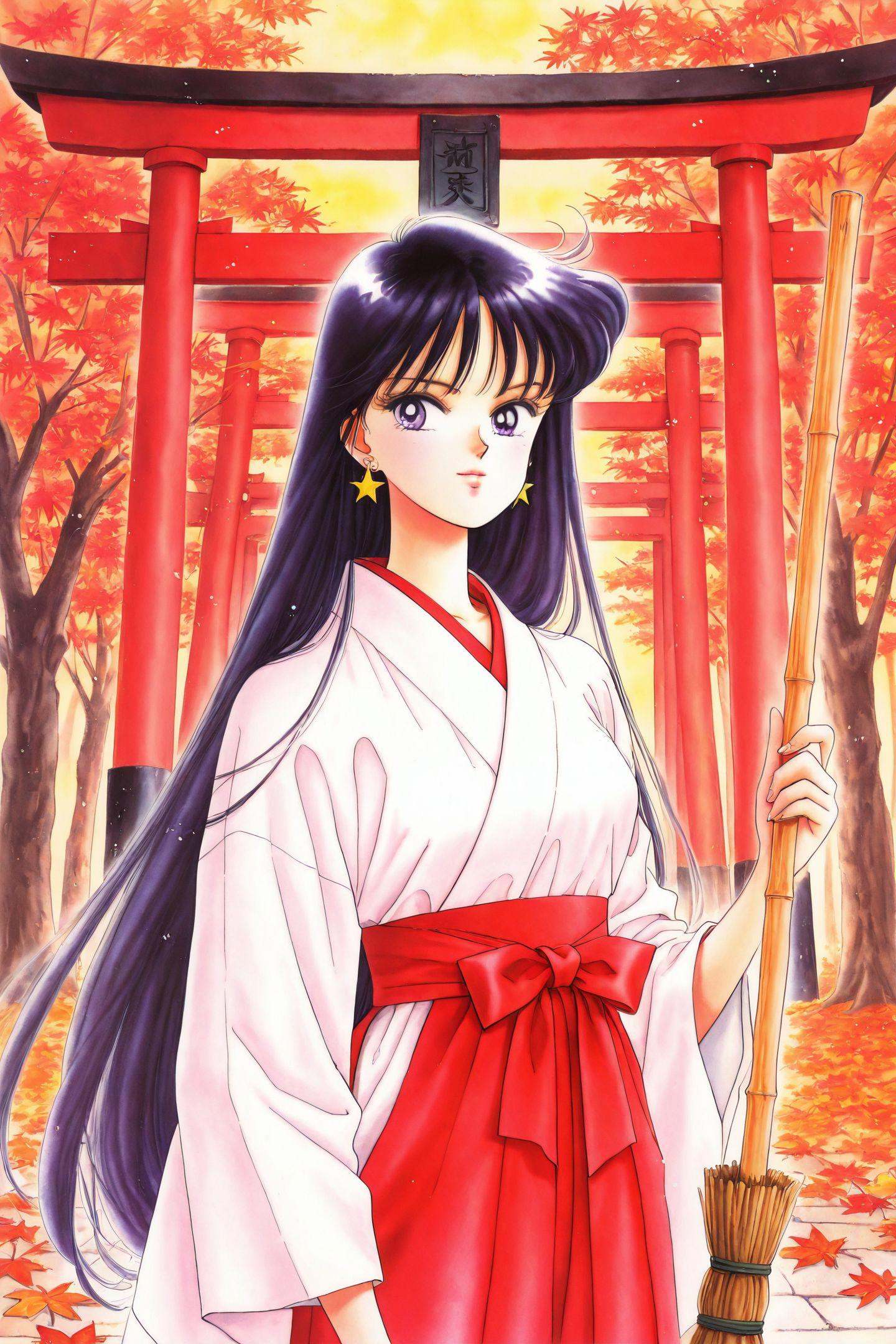 1girl,solo,hino rei,1girl,solo,hino rei,jewelry,long hair,black hair,japanese clothes,miko,star earrings,broom,hakama,red hakama,hakama skirt,very long hair,traditional media,1990s \(style\),torii,in autumn,maple leaf,upper body,<lora:Takeuchi Naoko_illustriousXL:1>,