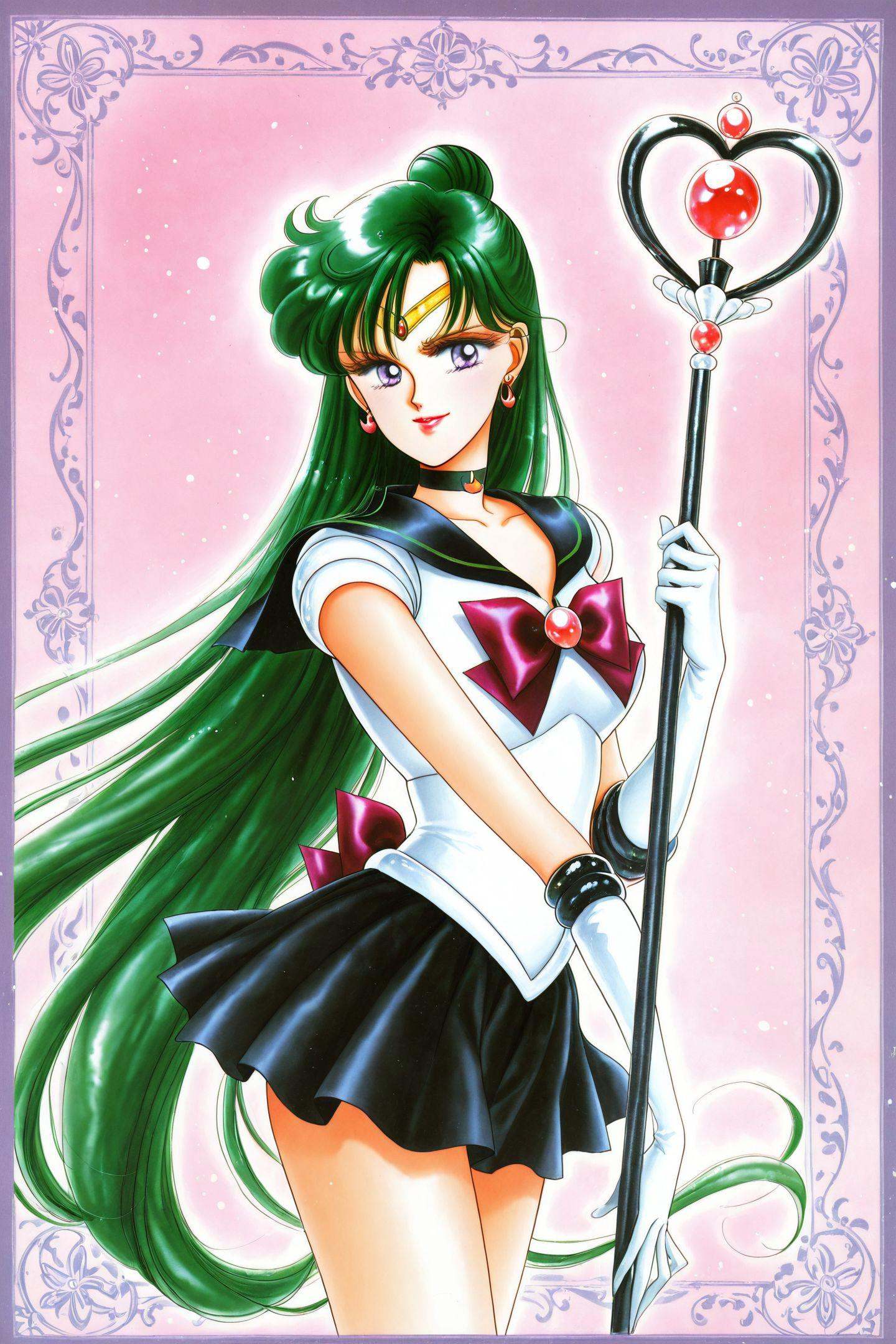 sailor pluto,Meiou Setsuna,1girl,solo,long hair,sailor senshi uniform,choker,gloves,green hair,jewelry,magical girl,skirt,white gloves,black skirt,elbow gloves,earrings,retro artstyle,holding,1990s (style),black choker,pleated skirt,purple eyes,very long hair,staff,hair bun,bow,border,framed,tiara,sailor collar,holding staff,smile,makeup,lipstick,single hair bun,looking at viewer,black hair,cowboy shot,<lora:Takeuchi Naoko_illustriousXL:1>,