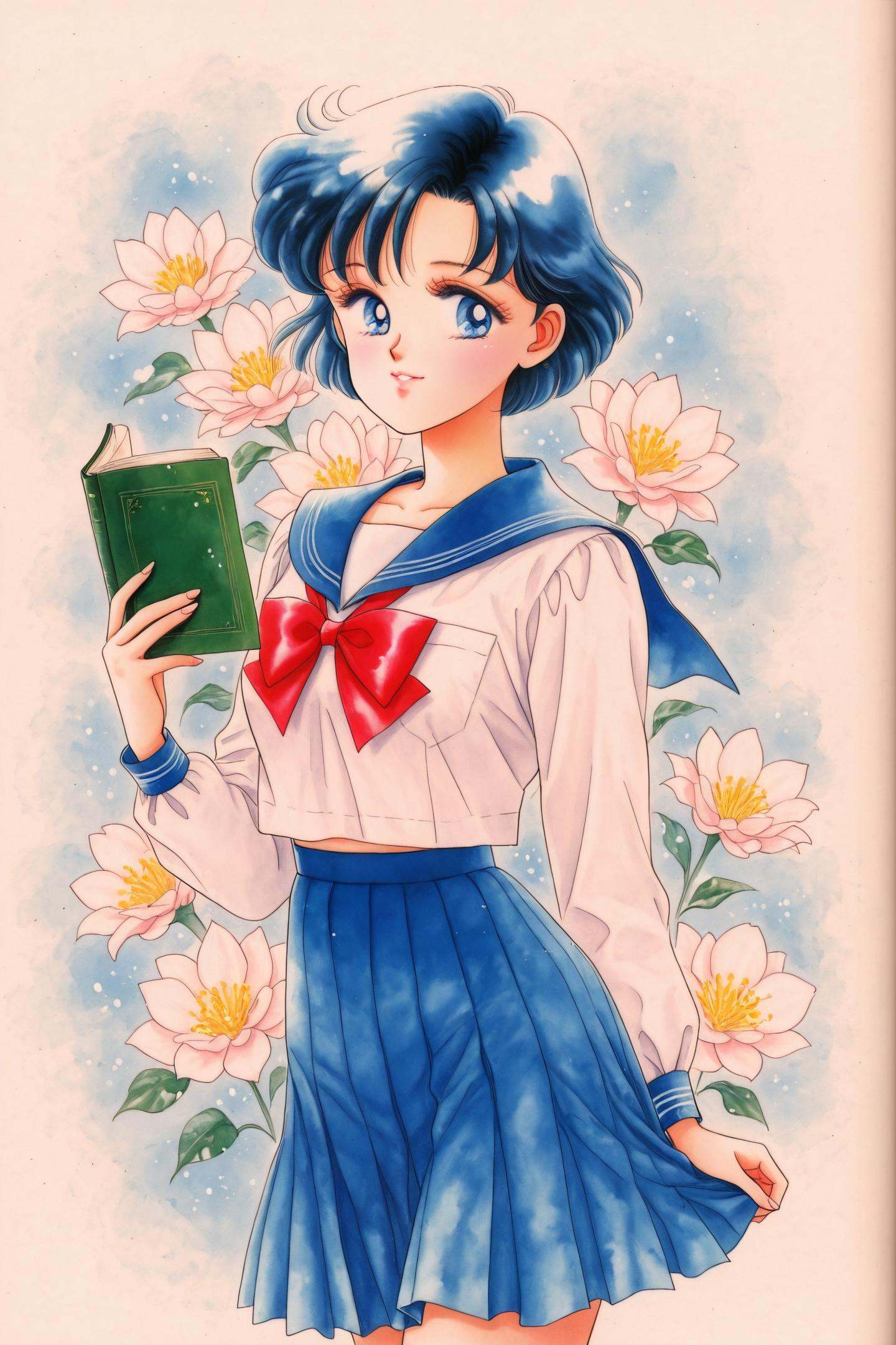 1girl,mizuno ami,solo,school uniform,short hair,flower,blue sailor collar,skirt,sailor collar,bow,serafuku,blue eyes,traditional media,holding,blue skirt,retro artstyle,black hair,1990s (style),red bow,blue hair,painting (medium),pleated skirt,watercolor (medium),blue theme,long sleeves,book,<lora:Takeuchi Naoko_illustriousXL:1>,