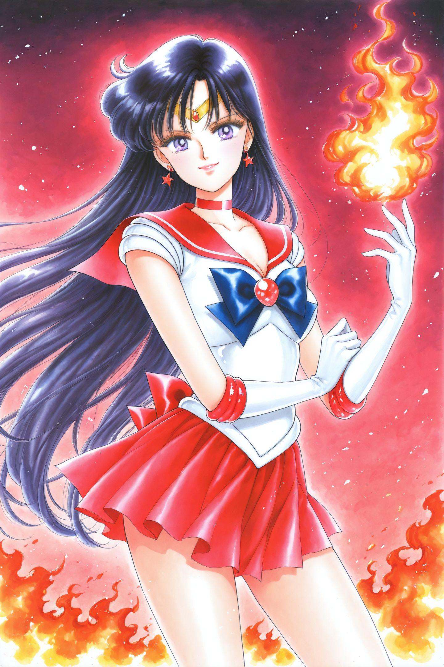 1girl,solo,hino rei,sailor mars,sailor senshi uniform,long hair,magical girl,red sailor collar,black hair,sailor collar,skirt,jewelry,red skirt,earrings,purple eyes,tiara,gloves,choker,blue bow,elbow gloves,standing,pleated skirt,star (symbol),smile,looking at viewer,white gloves,fire,traditional media,<lora:Takeuchi Naoko_illustriousXL:1>,