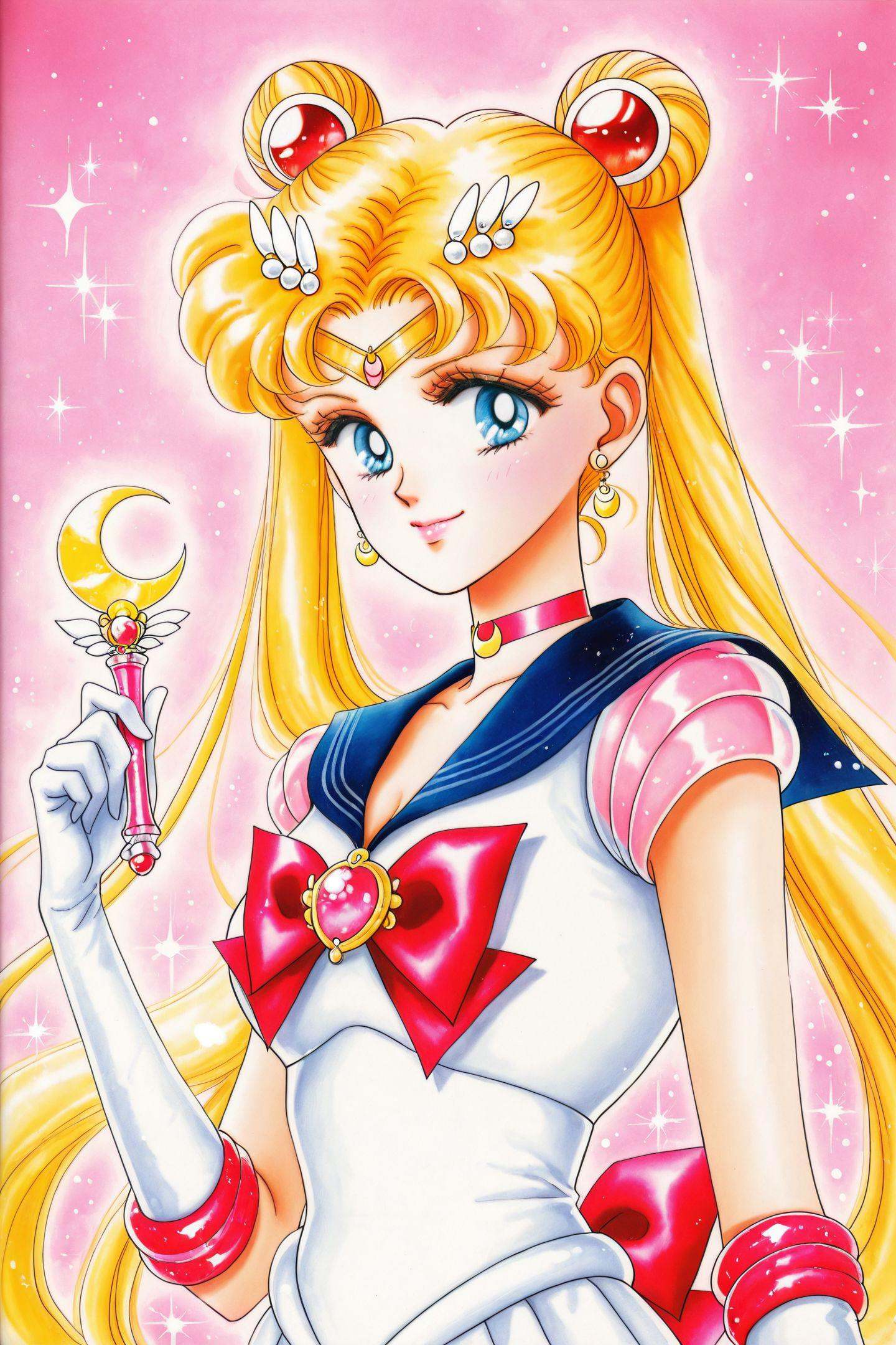 1girl,tsukino usagi,solo,sailor moon,jewelry,blonde hair,sailor senshi uniform,long hair,blue sailor collar,blue eyes,magical girl,twintails,smile,sailor collar,gloves,earrings,hair bun,double bun,upper body,bow,red bow,white gloves,crescent,crescent earrings,retro artstyle,brooch,1990s (style),elbow gloves,sparkle,looking at viewer,tiara,holding,circlet,hair ornament,closed mouth,traditional media,<lora:Takeuchi Naoko_illustriousXL:1>,