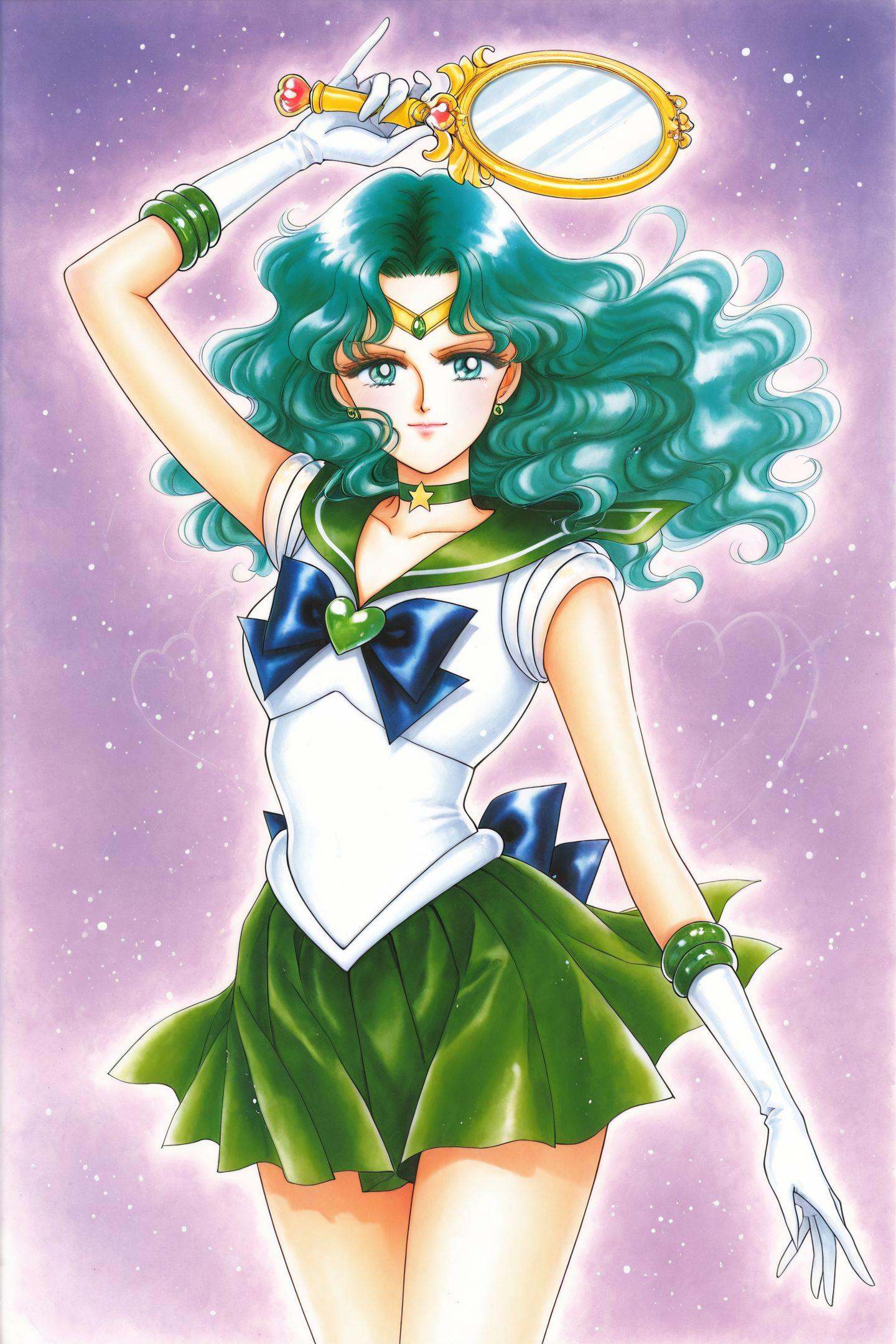 Sailor Neptune,Kaiou Michiru,1girl,solo,magical girl,sailor senshi uniform,jewelry,choker,skirt,long hair,wavy hair,brooch,blue bow,black bow,heart brooch,green sailor collar,aqua hair,gloves,white gloves,aqua eyes,back bow,pleated skirt,green skirt,tiara,light smile,closed mouth,circlet,star choker,looking at viewer,arm up,holding mirror,traditional media,1990s \(style\),retro artstyle,<lora:Takeuchi Naoko_illustriousXL:1>,