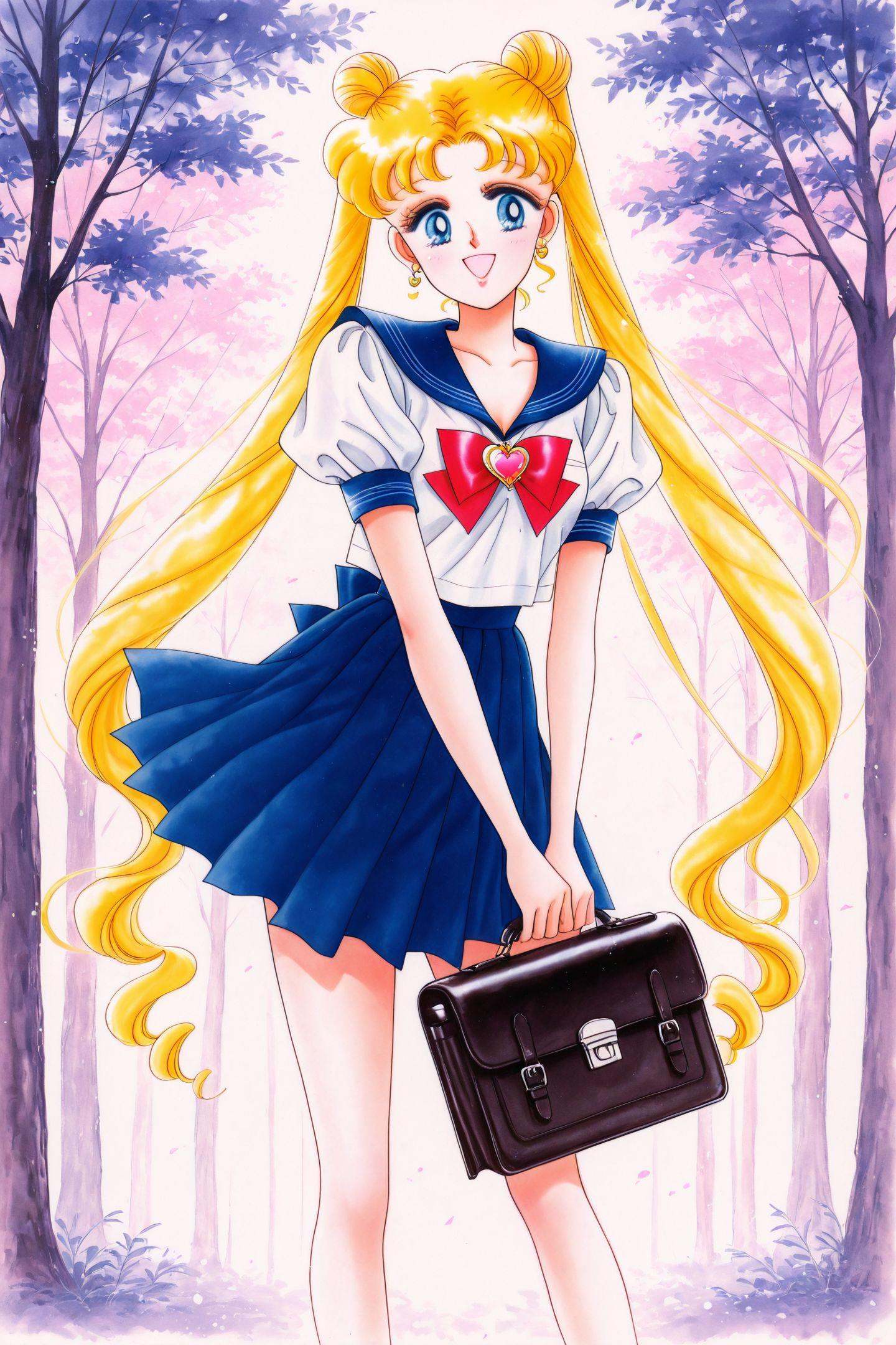 tsukino usagi,long hair,jewelry,brooch,1girl,solo,heart brooch,skirt,blonde hair,twintails,double bun,pleated skirt,blue eyes,school uniform,blue skirt,hair bun,blue sailor collar,1990s (style),open mouth,short sleeves,bow,sailor collar,retro artstyle,very long hair,smile,red bow,looking at viewer,bangs,serafuku,puffy sleeves,feet out of frame,standing,own hands together,white shirt,shirt,earrings,puffy short sleeves,:d,crescent,traditional media,outdoors,school bag,tree,<lora:Takeuchi Naoko_illustriousXL:1>,
