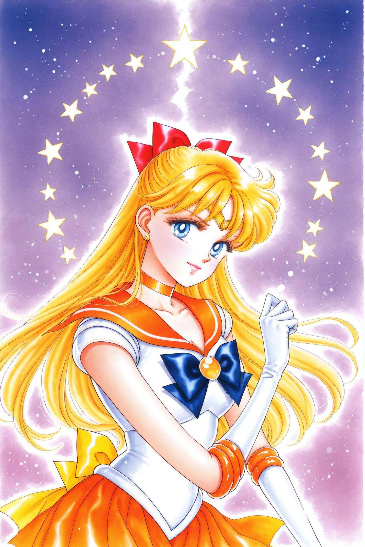 1girl,sailor venus,sailor senshi uniform,1990s \(style\),aino minako,solo,blonde hair,long hair,bow,gloves,magical girl,orange choker,skirt,choker,back bow,blue eyes,orange sailor collar,blue bow,orange skirt,sailor collar,elbow gloves,red hair bow,white gloves,tiara,jewelry,half updo,upper body,traditional media,star \(symbol\),<lora:Takeuchi Naoko_illustriousXL:1>,