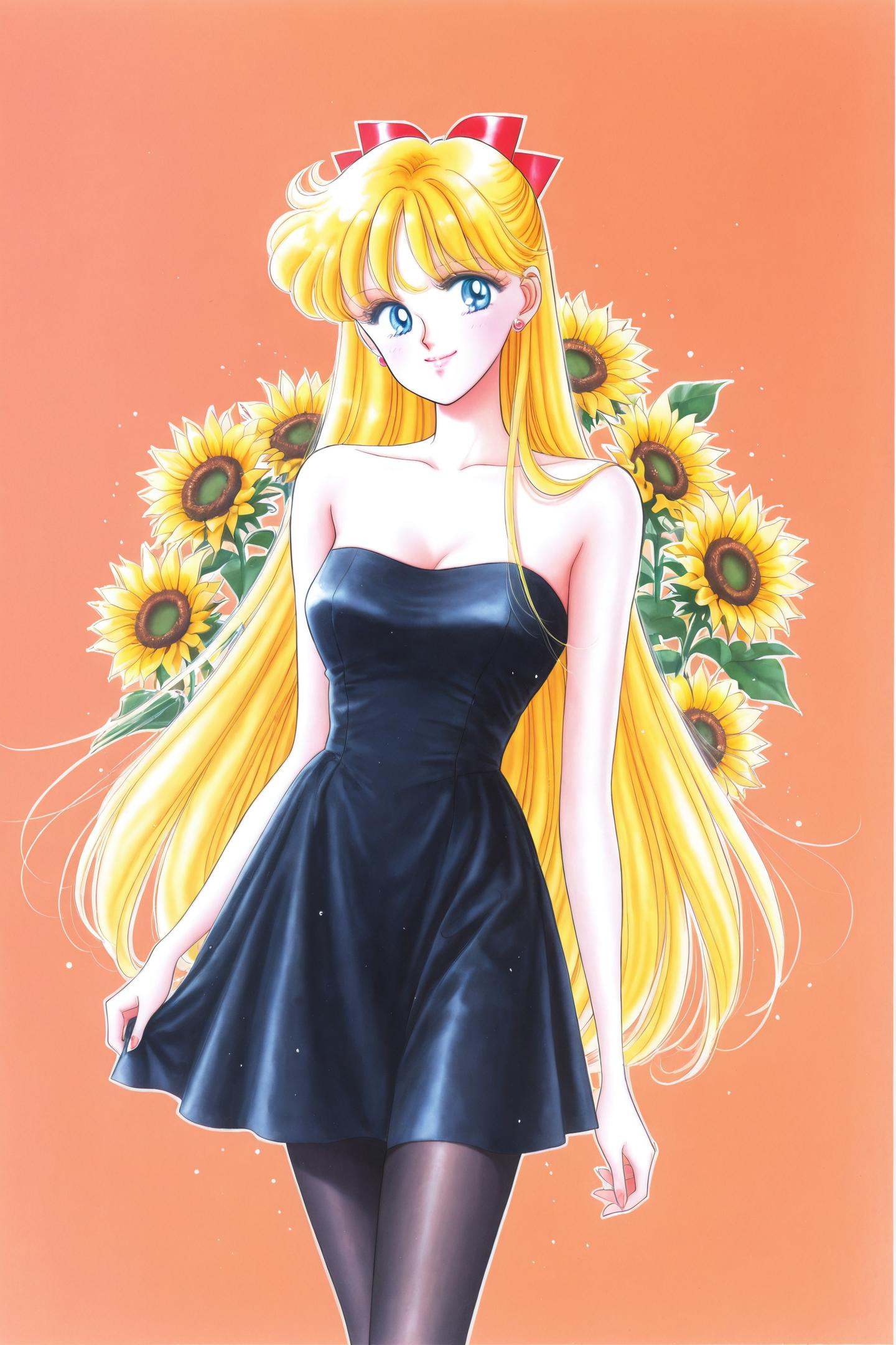 Sailor Venus,1girl,solo,Aino Minako,flower,blonde hair,long hair,aino minako,dress,orange background,blue eyes,strapless dress,strapless,pantyhose,smile,black dress,bare shoulders,retro artstyle,looking at viewer,earrings,1990s (style),standing,jewelry,hair bow,black pantyhose,sunflower,facial mark,bow,bangs,very long hair,short dress,<lora:Takeuchi Naoko_illustriousXL:1>,