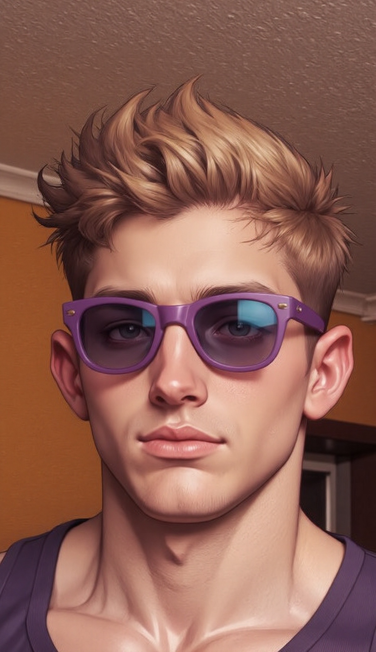 The image shows a person wearing a pair of purple sunglasses with a reflective surface. The person has short,  spiky hair...
