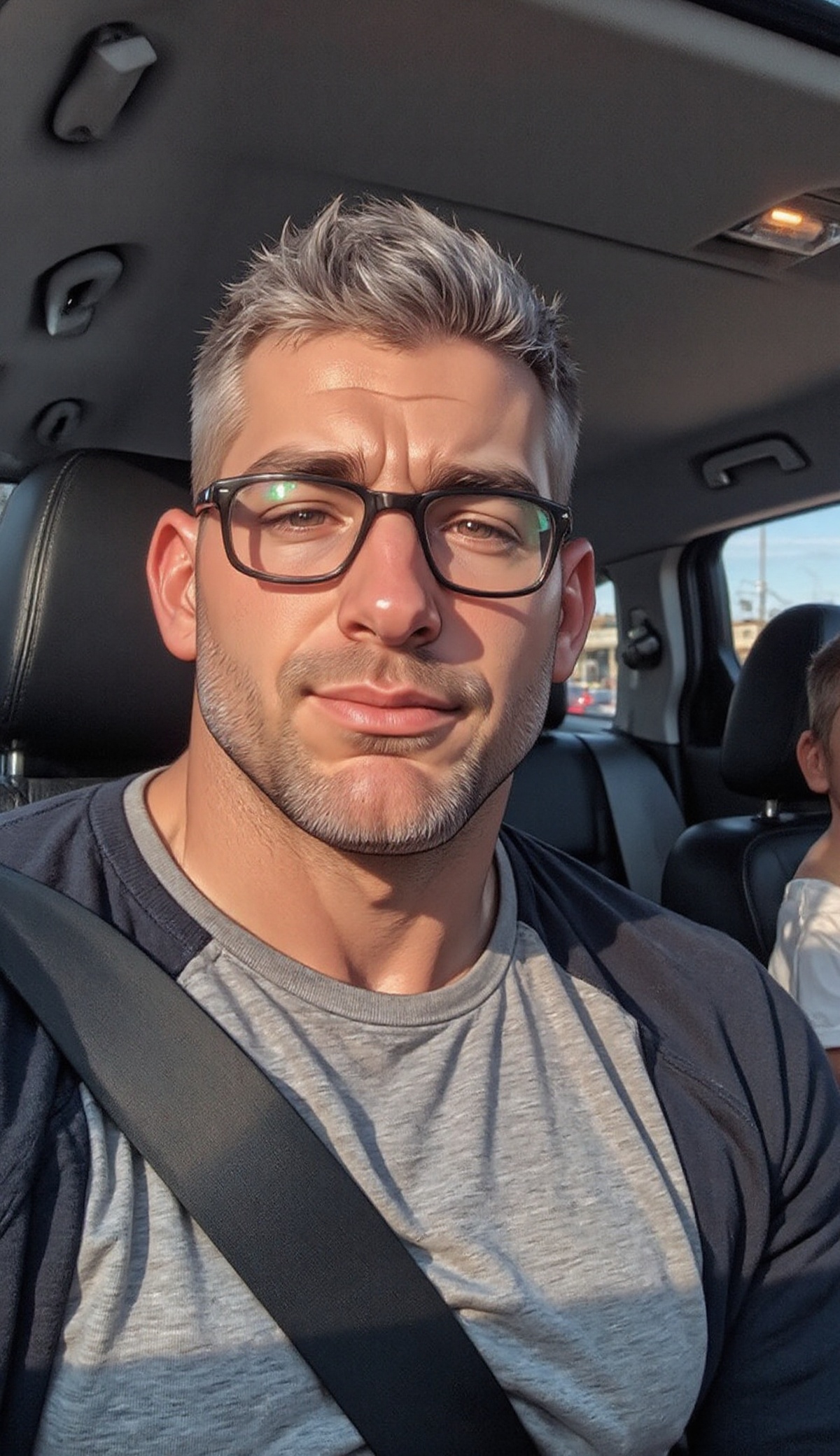 The image shows a person with graying hair and a beard,  wearing glasses and a dark-colored sweater over a light gray t-sh...