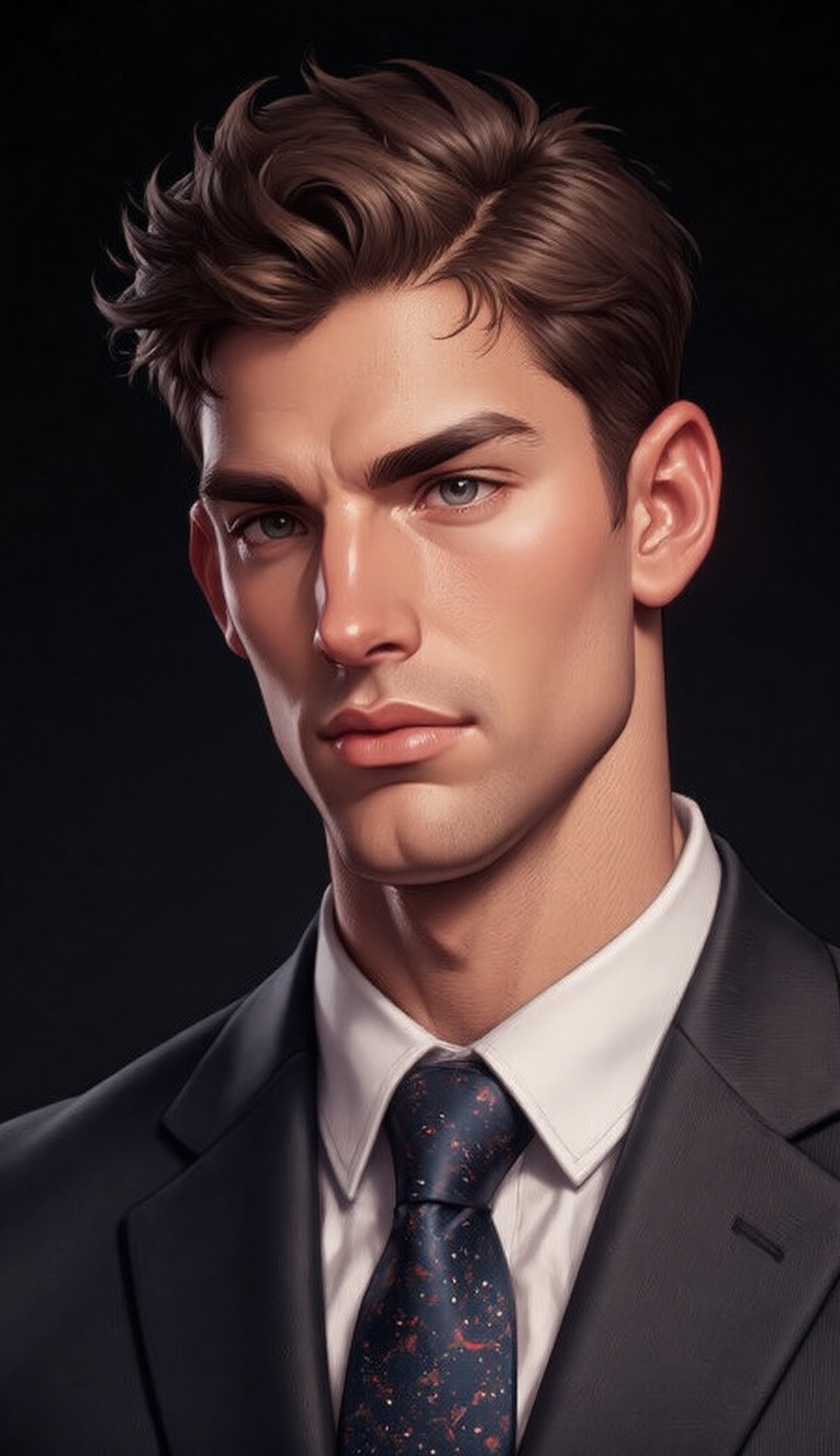 The image depicts a portrait of a man in a formal suit,  complete with a white shirt and a tie. The background is dark,  w...
