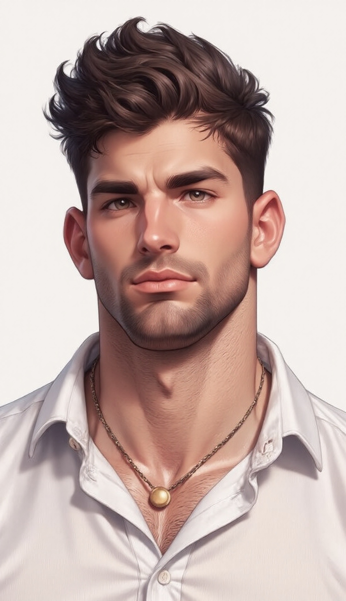 The image depicts a man with a well-groomed mustache and styled hair,  wearing a white shirt with a collar. He has a neckl...