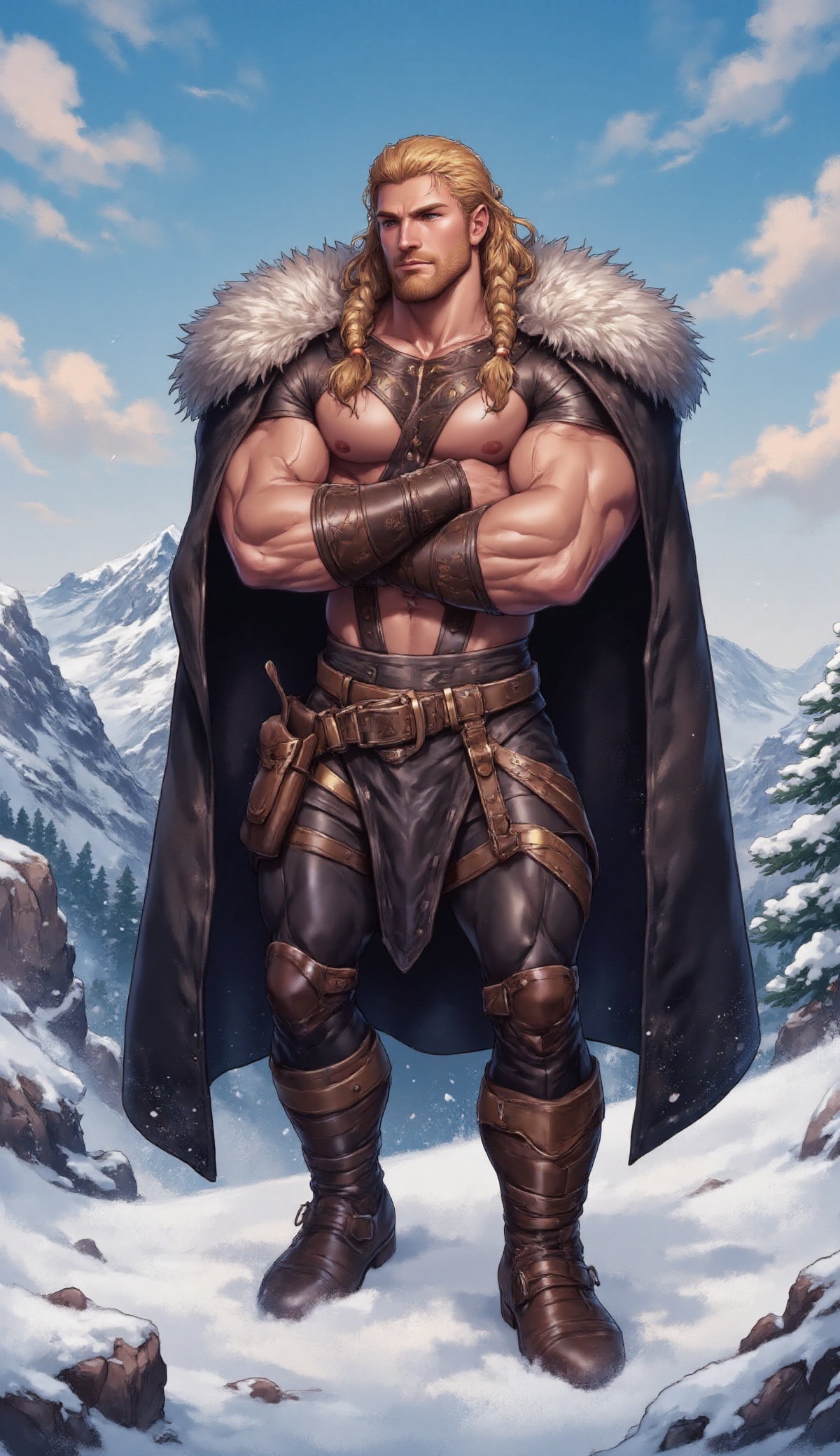 The image depicts a character standing confidently in a snowy landscape. The character has long,  braided blonde hair and...