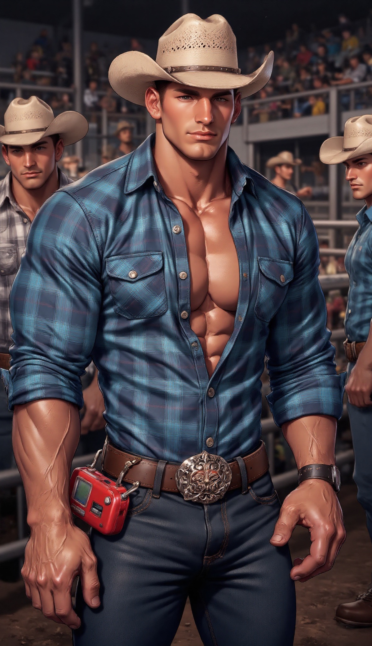 The image shows a man wearing a blue plaid shirt that is partially unbuttoned,  revealing a chest. He is also wearing a st...