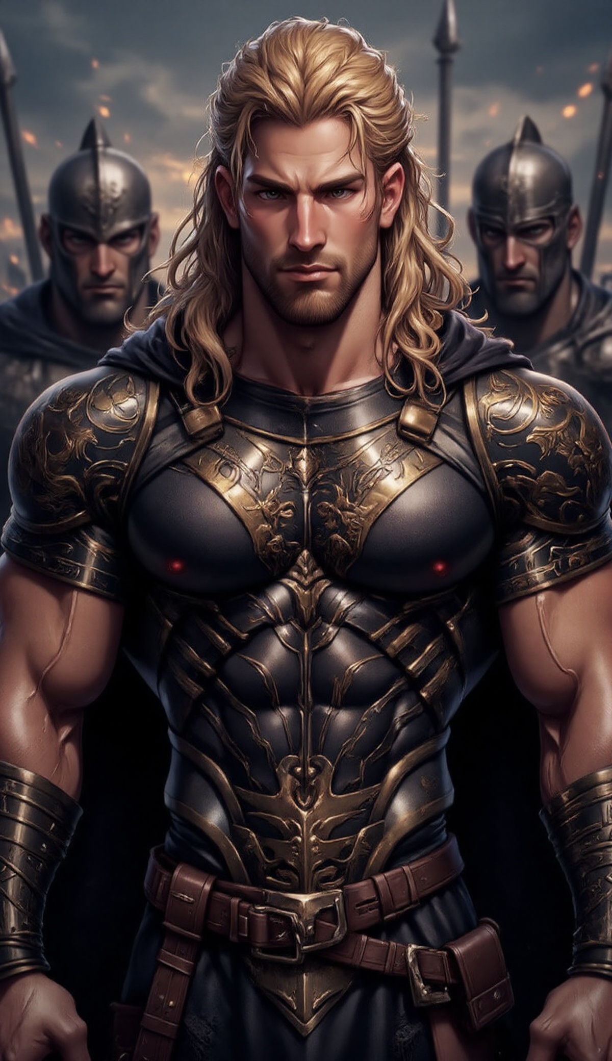 The image depicts a highly detailed and realistic depiction of a warrior with long blonde braids,  a full beard,  and a st...