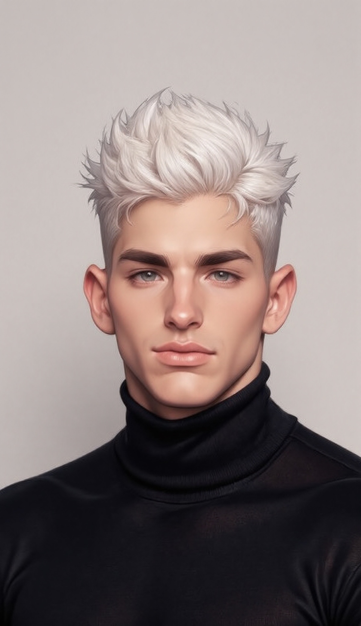 The image shows a person with short,  spiky white hair,  wearing a black turtleneck sweater. The background appears to be...