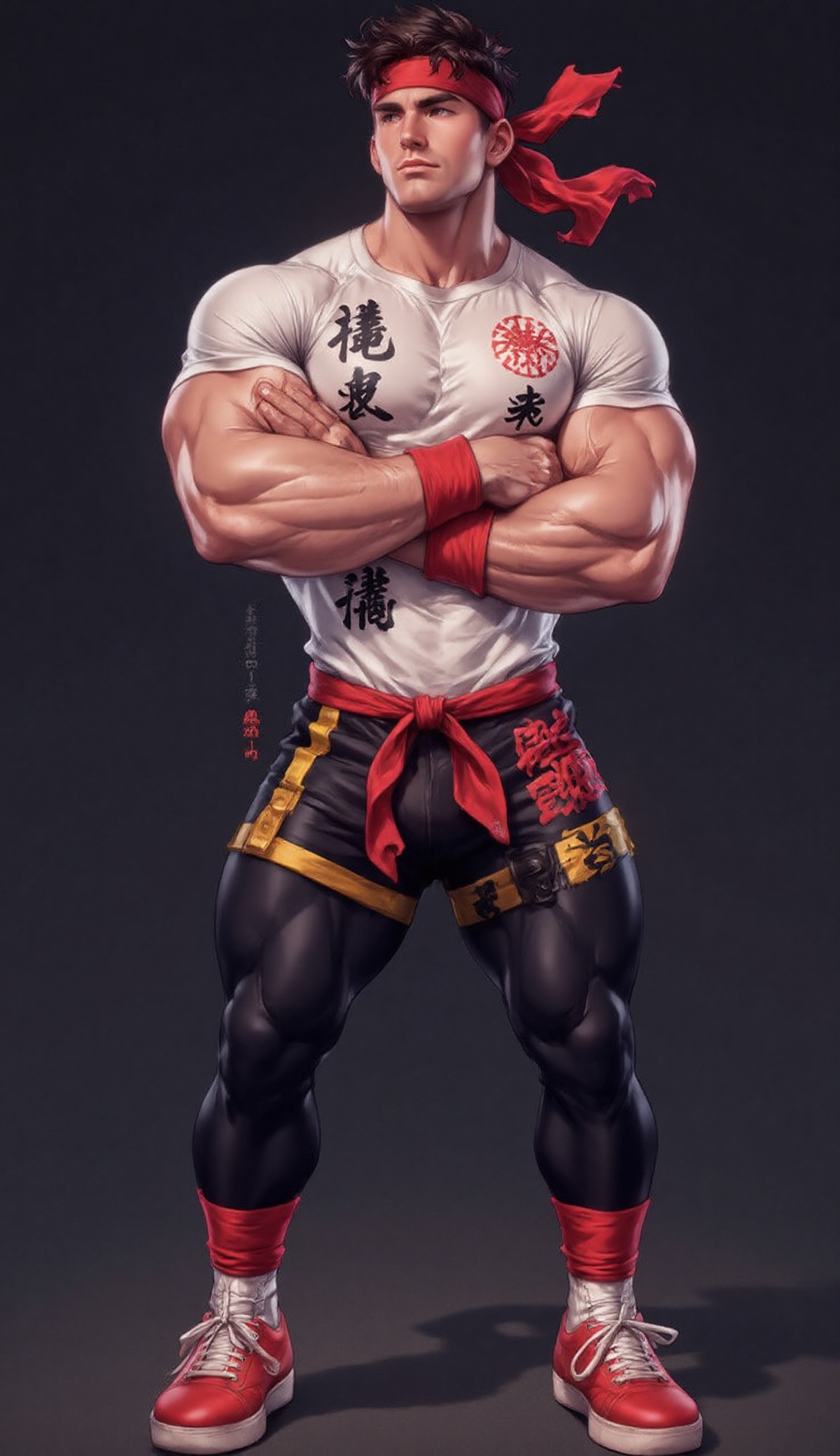 The image depicts a muscular character standing confidently with arms crossed. He is wearing a white t-shirt with Chinese...
