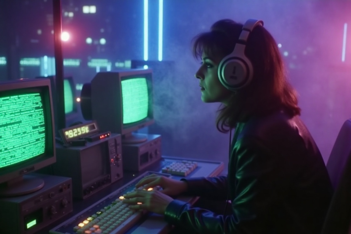 Retro 80s VHS aesthetic,  female hacker in neon-lit room,  1980s computer equipment on Tensor.Art
