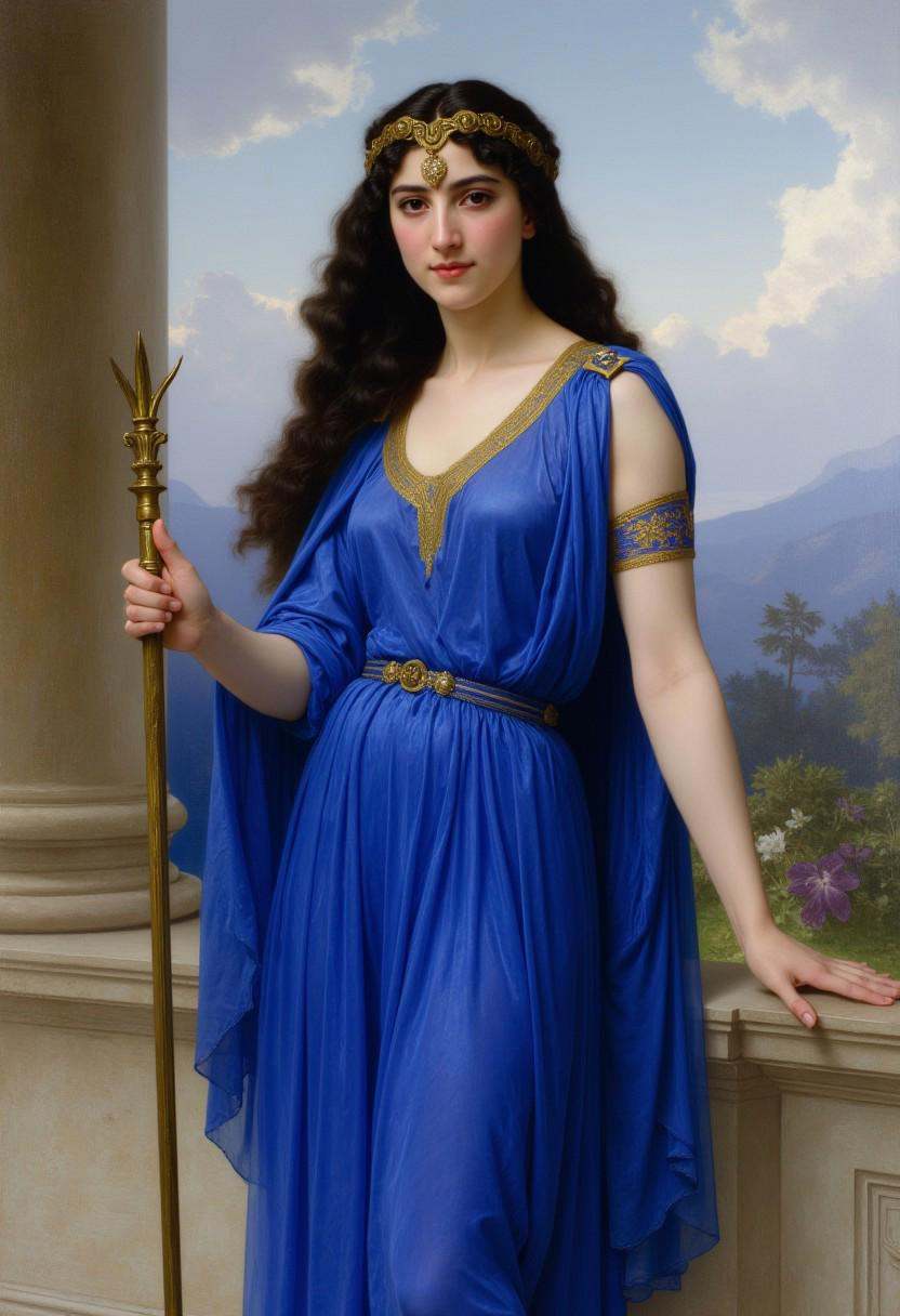 Wil_Ad. A classical painting of a beautiful Greek queen standing regally,  exuding grace and authority. She wears a sheer,...