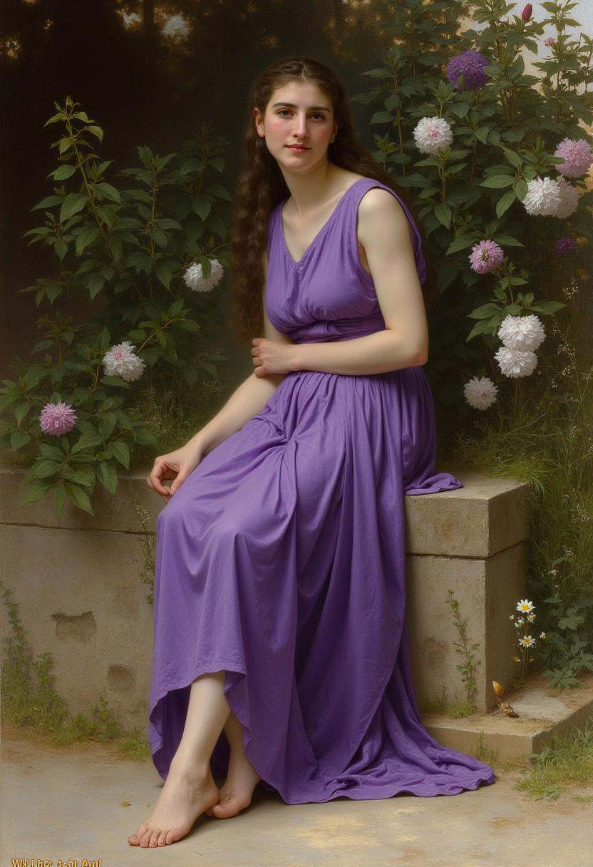 Wil_Ad. A classical painting of a beautiful young woman wearing a long purple gown with a high slit on the side. She is si...