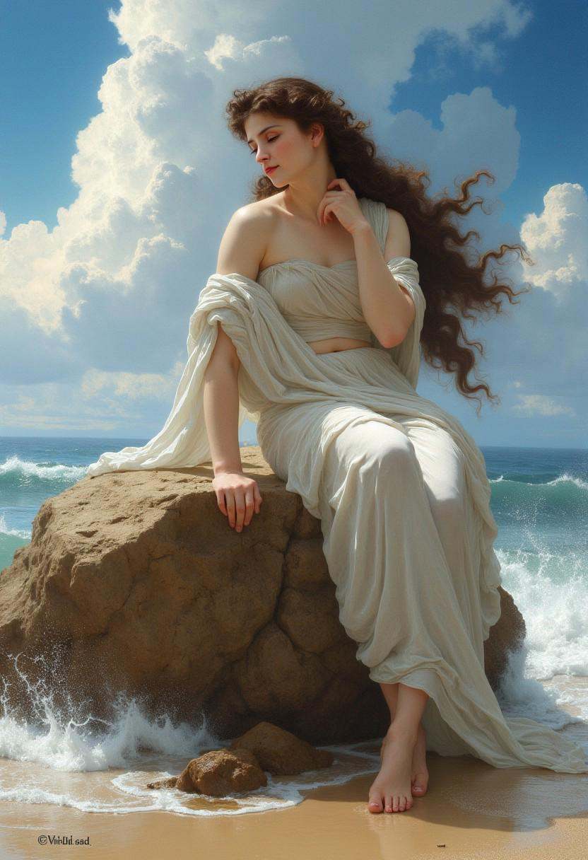 Wil_Ad. Goddess Venus sitting on a rock near a beach. on Tensor.Art