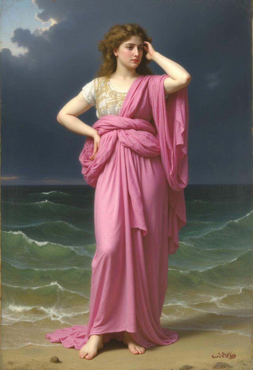 Wil_Ad. A classical painting of the goddess Venus wearing a long pink tunic decorated with gold lines. She is standing in...