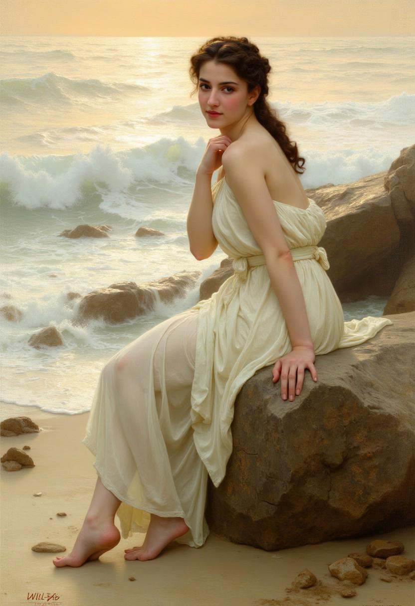 Wil_Ad. A classical painting of a beautiful woman sitting gracefully on a rock at the beach. The perspective is from the s...