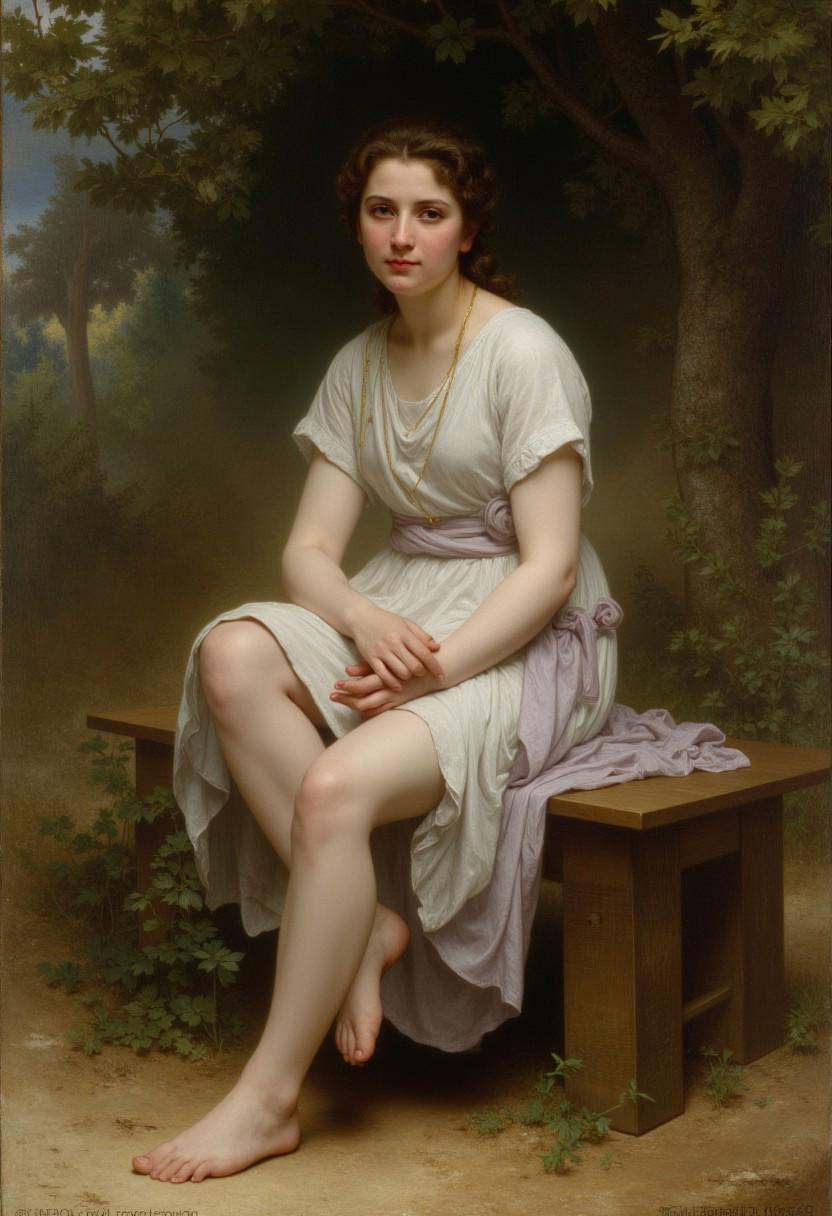 Wil_Ad. A classical painting of a beautiful young woman sitting on an old wooden bench. Her dress is lifted up to her thig...