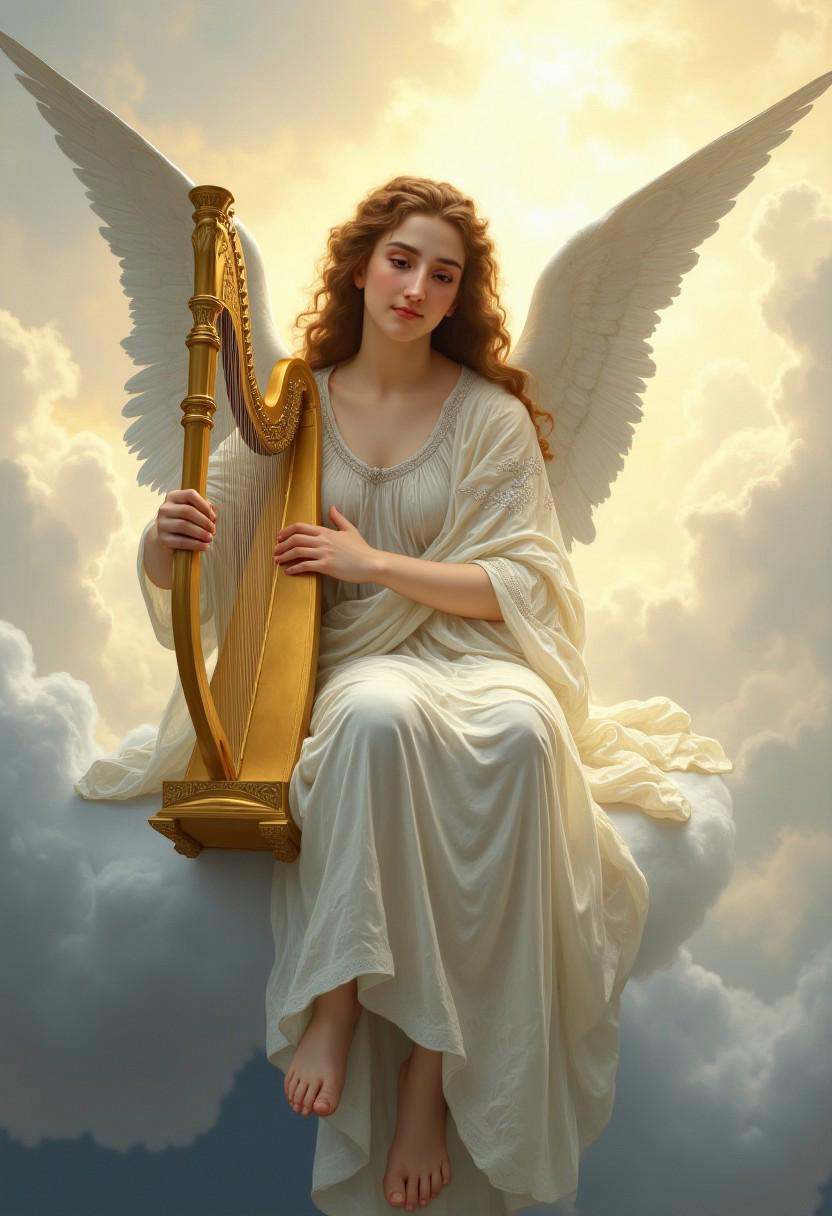 Wil_Ad. A classical painting of a beautiful female angel,  draped in a sheer,  ethereal angelic dress that flows gracefull...