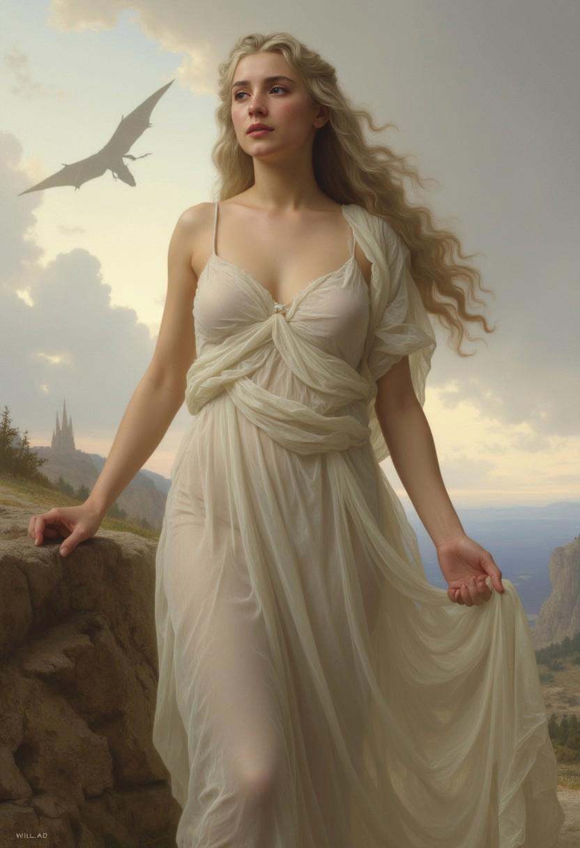 Wil_Ad. A classical painting of Daenerys Targaryen in her iconic sheer dress,  emphasizing both her grace and power. The d...