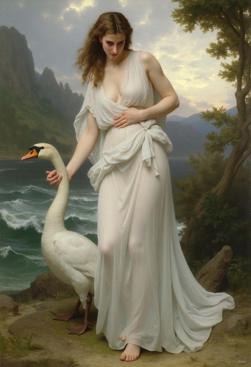 Wil_Ad. A classical painting of Leda and the Swan,  capturing the mythological moment with grace and beauty. Leda is depic...