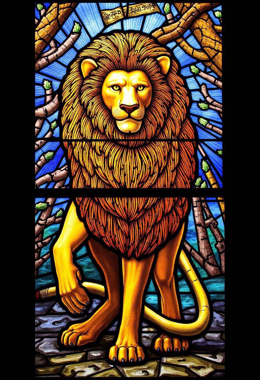 SGW. A photograph of a stained glass window featuring a majestic lion,  its mane rendered in intricate golden and amber hu...