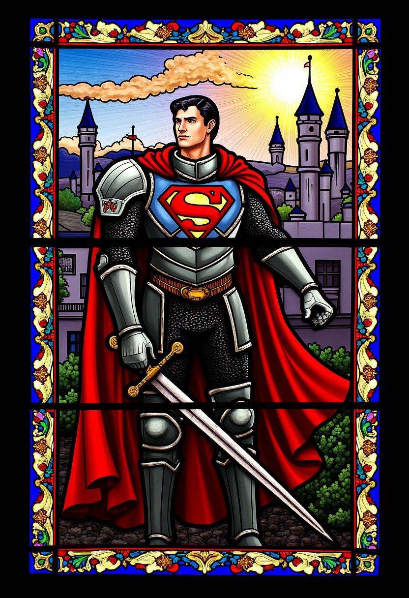 SGW. A stained glass window depicting Superman as a medieval warrior,  wearing armor with his iconic emblem on the chest,...