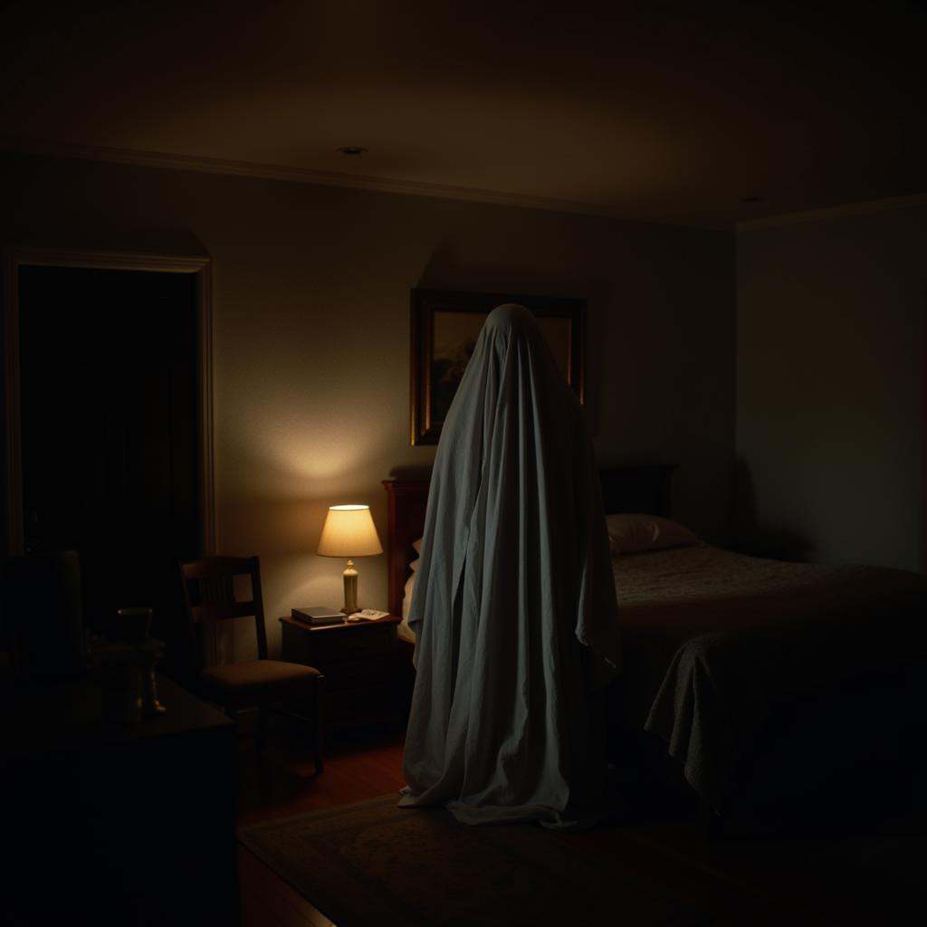 cinematic film still of warm cinematic film style a ghost standing in a dark room with a bed,  perfect image,  perfect bod...