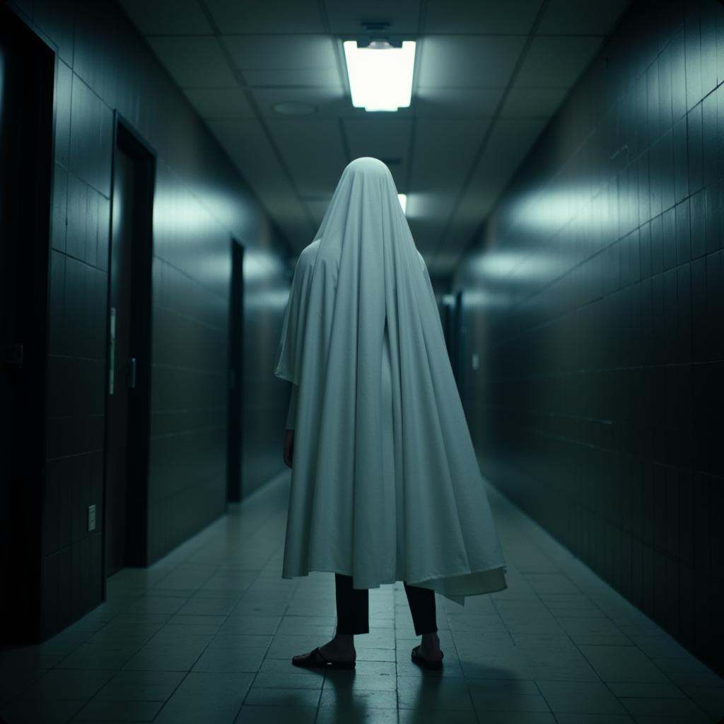 cinematic film still of cinematic film style a long hallway with a person in a white cloak from behind far away,  perfect...