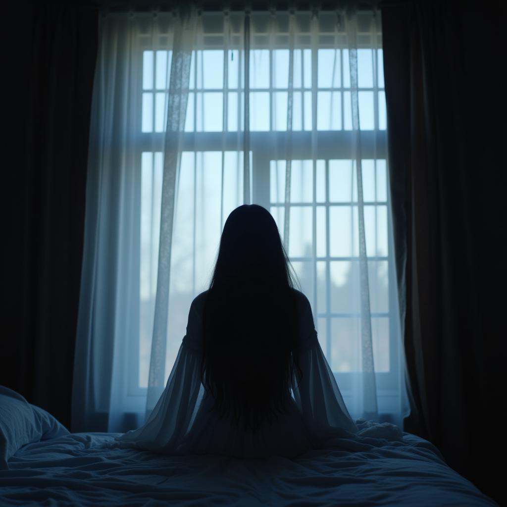 cinematic film still of daylight cinematic film style a ghost looking out a window in a bedroom,  perfect image,  perfect...
