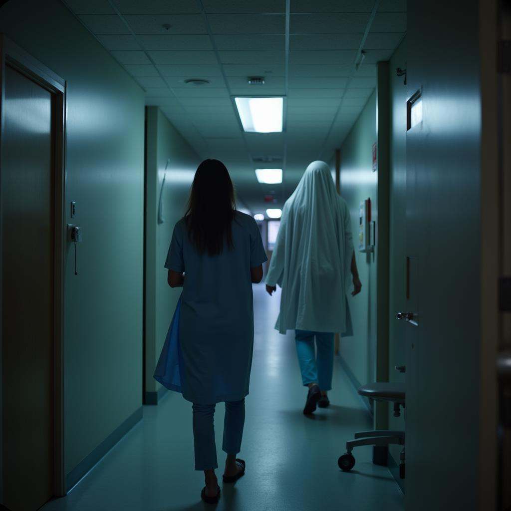 cinematic film still of cinematic film style a woman in a hospital gown standing in a hallway next to a back of a ghost,...