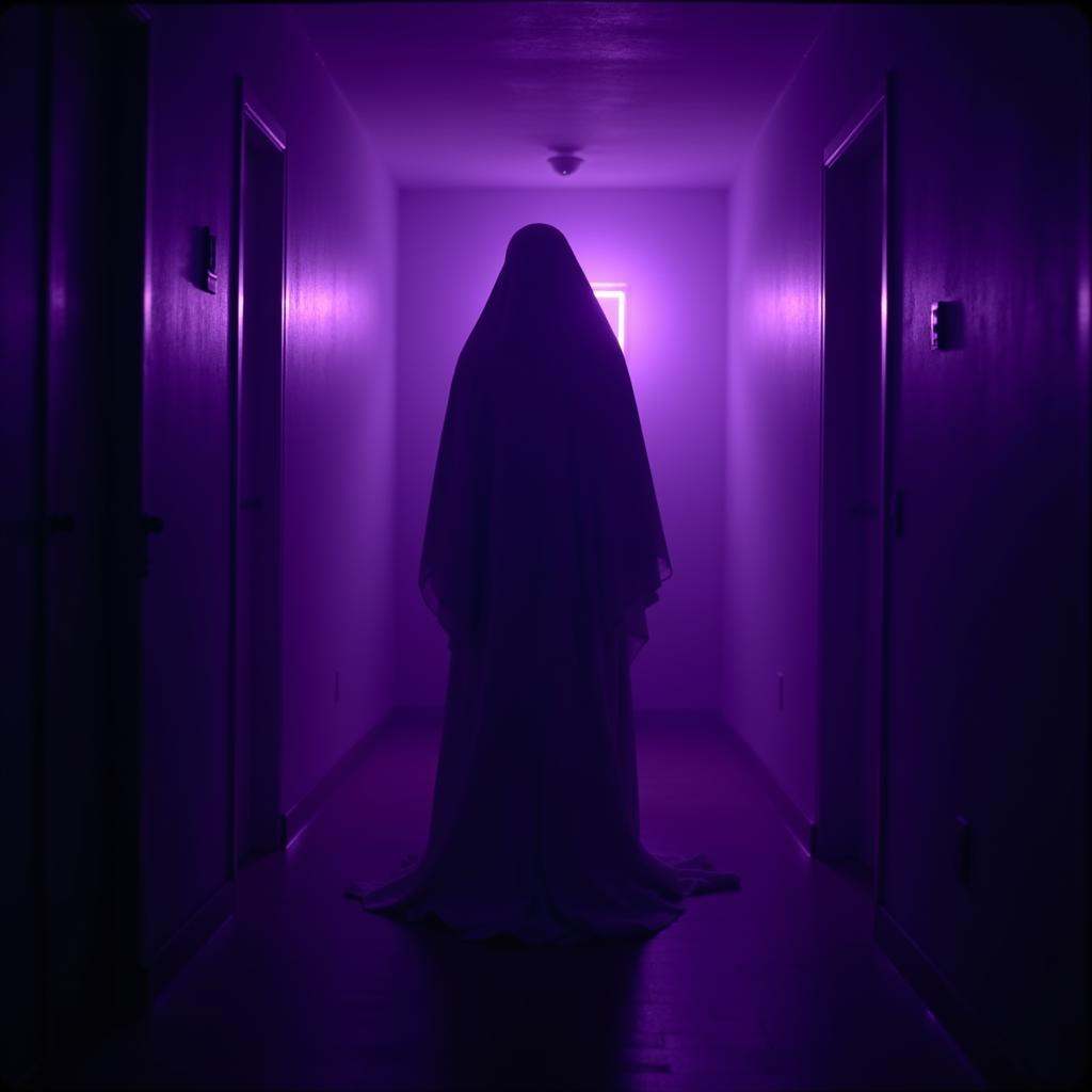 cinematic film still of purple themed cinematic film style a ghost from behind standing in a hallway with a purple light,...