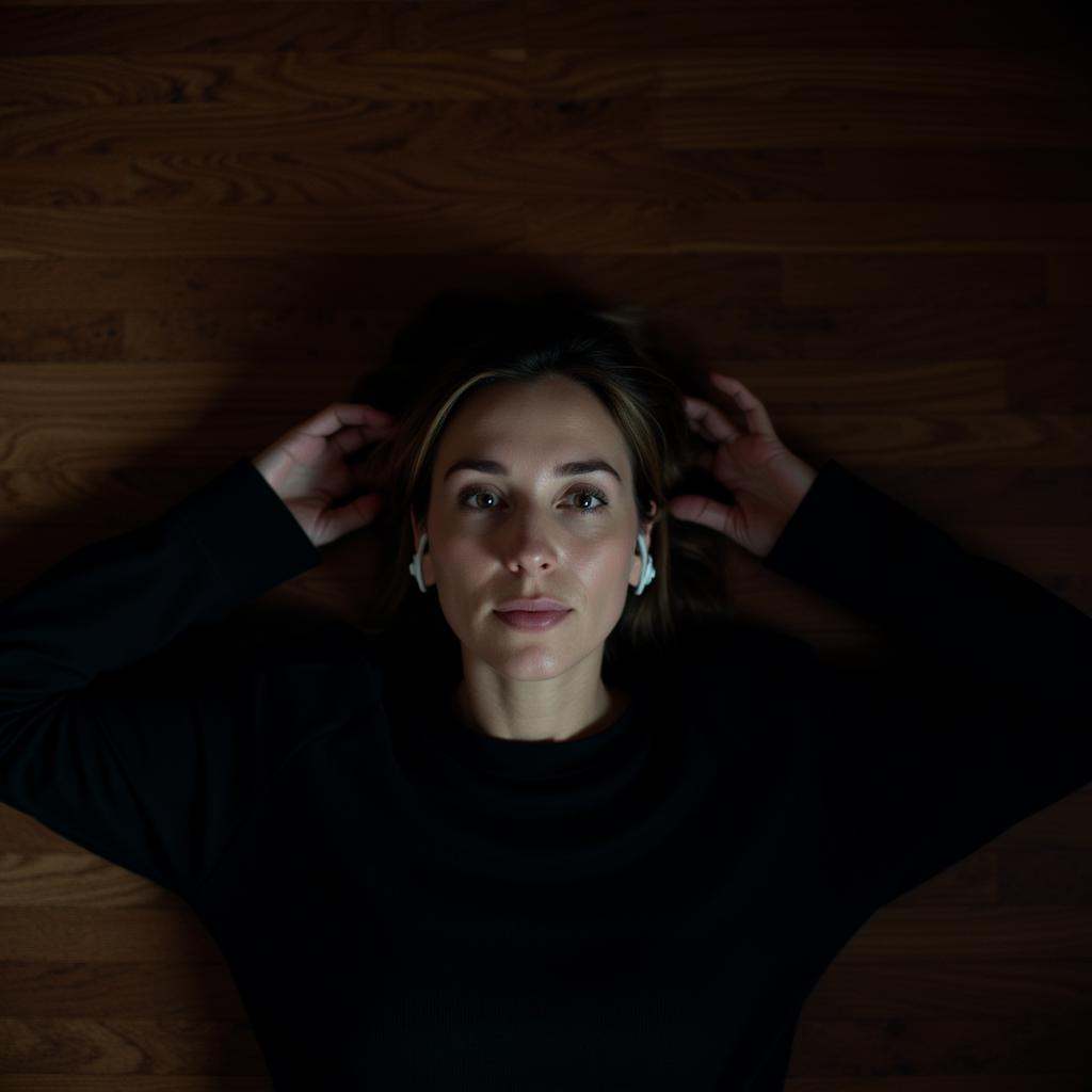 cinematic film still of from above daylight cinematic film style a woman laying on the floor listening to music,  perfect...