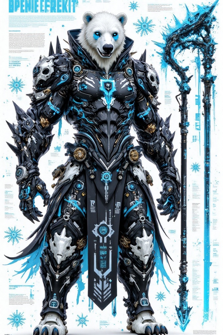 This image showcases an anthropomorphic polar bear character in an armored,  futuristic,  and highly stylized design. The...