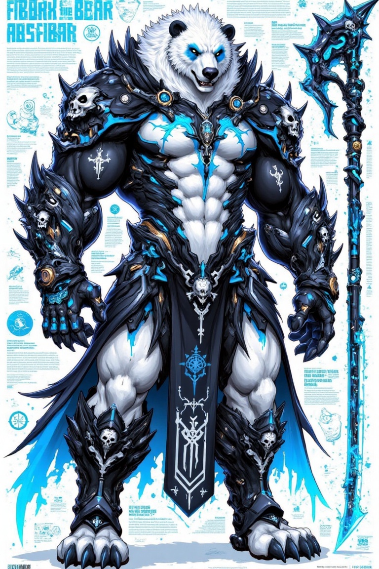 “Create a detailed,  anthropomorphic polar bear warrior character,  heavily armored in black and blue futuristic armor. Th...