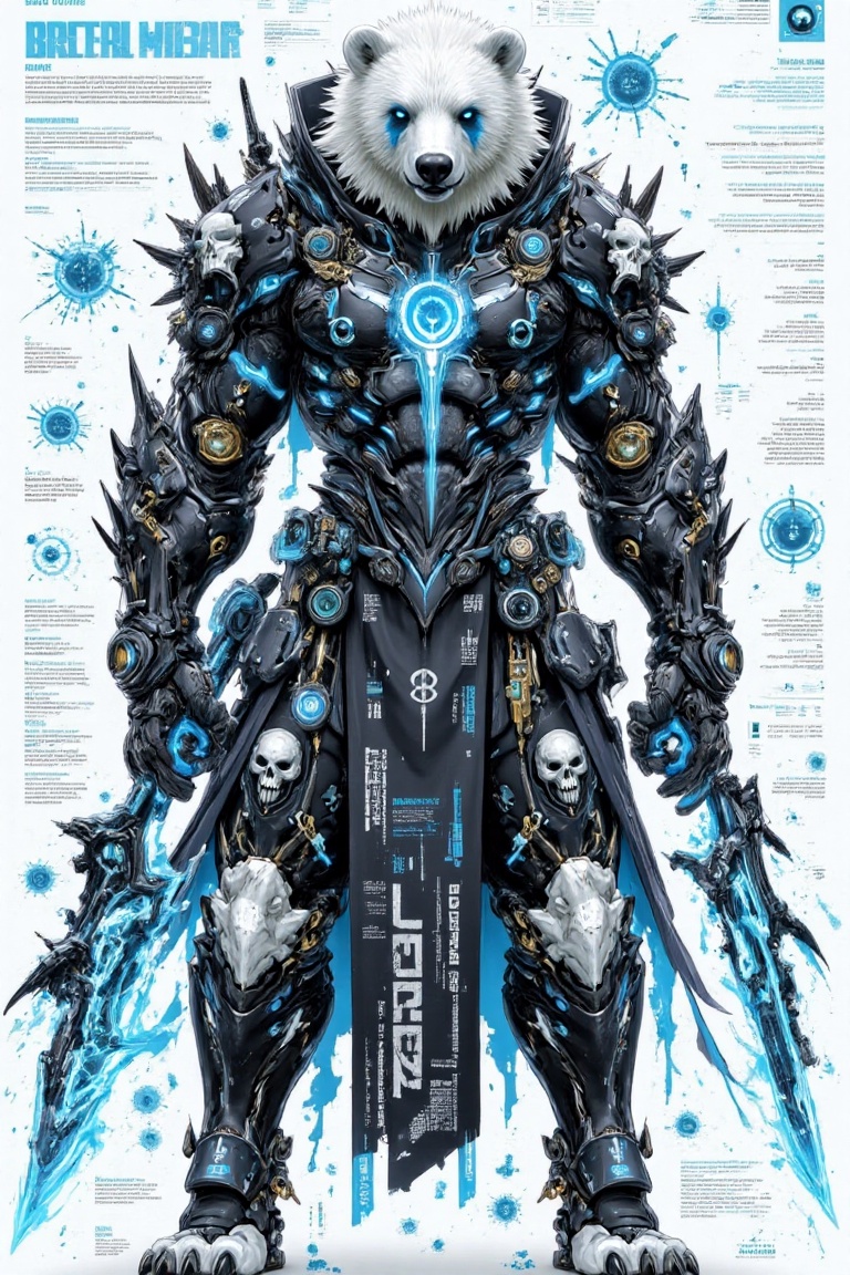 “Create a detailed,  anthropomorphic polar bear warrior character,  heavily armored in black and blue futuristic armor. Th...