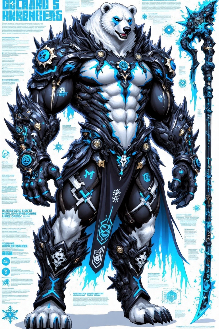 This image showcases an anthropomorphic polar bear character in an armored,  futuristic,  and highly stylized design. The...