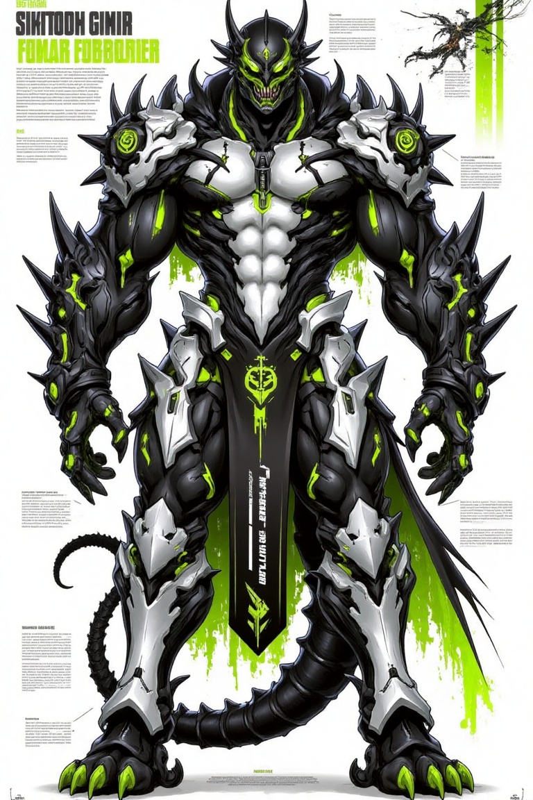 This image depicts a formidable,  armored character with a striking,  dark and ominous aesthetic. The character is designe...