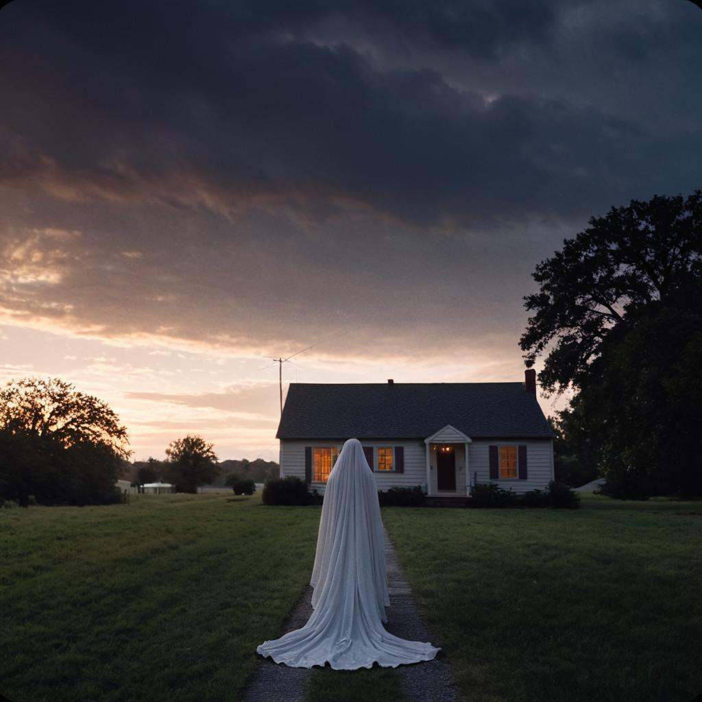 cinematic film still of cinematic film style a ghost back is standing in front of a house,  perfect image,  perfect body o...