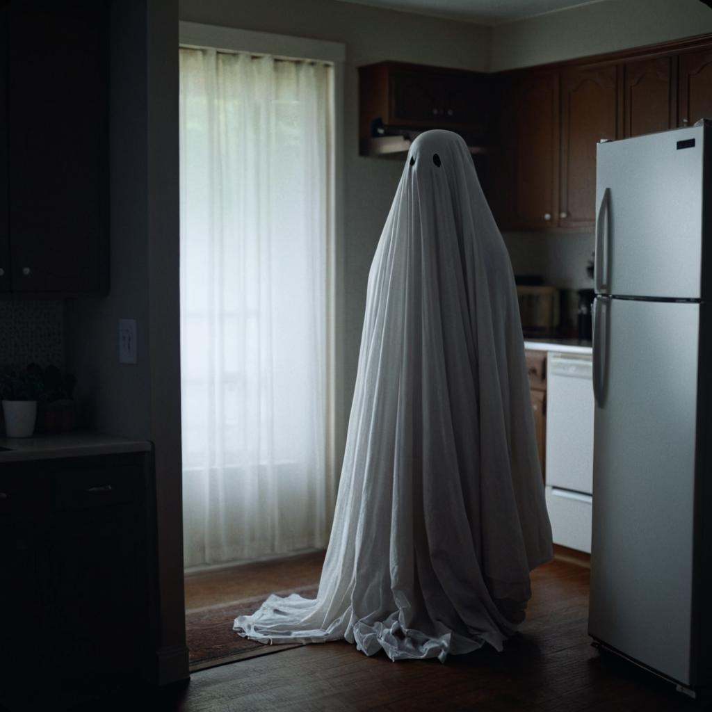 cinematic film still of side view cinematic film style a ghost standing in a kitchen with a refrigerator,  perfect image,...